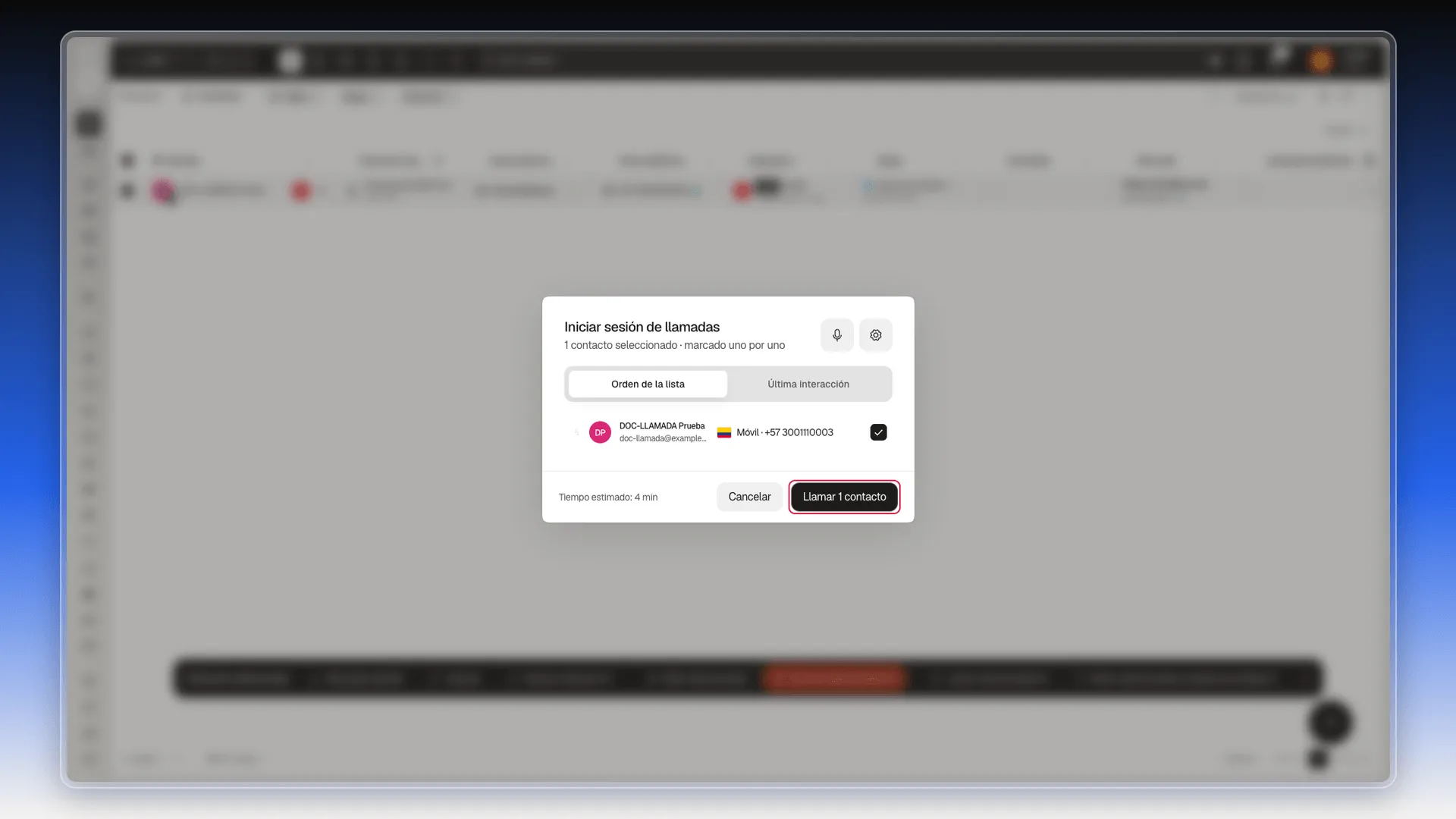 Ventana Iniciar sesión de llamadas con un contacto y el botón Llamar 1 contacto marcado