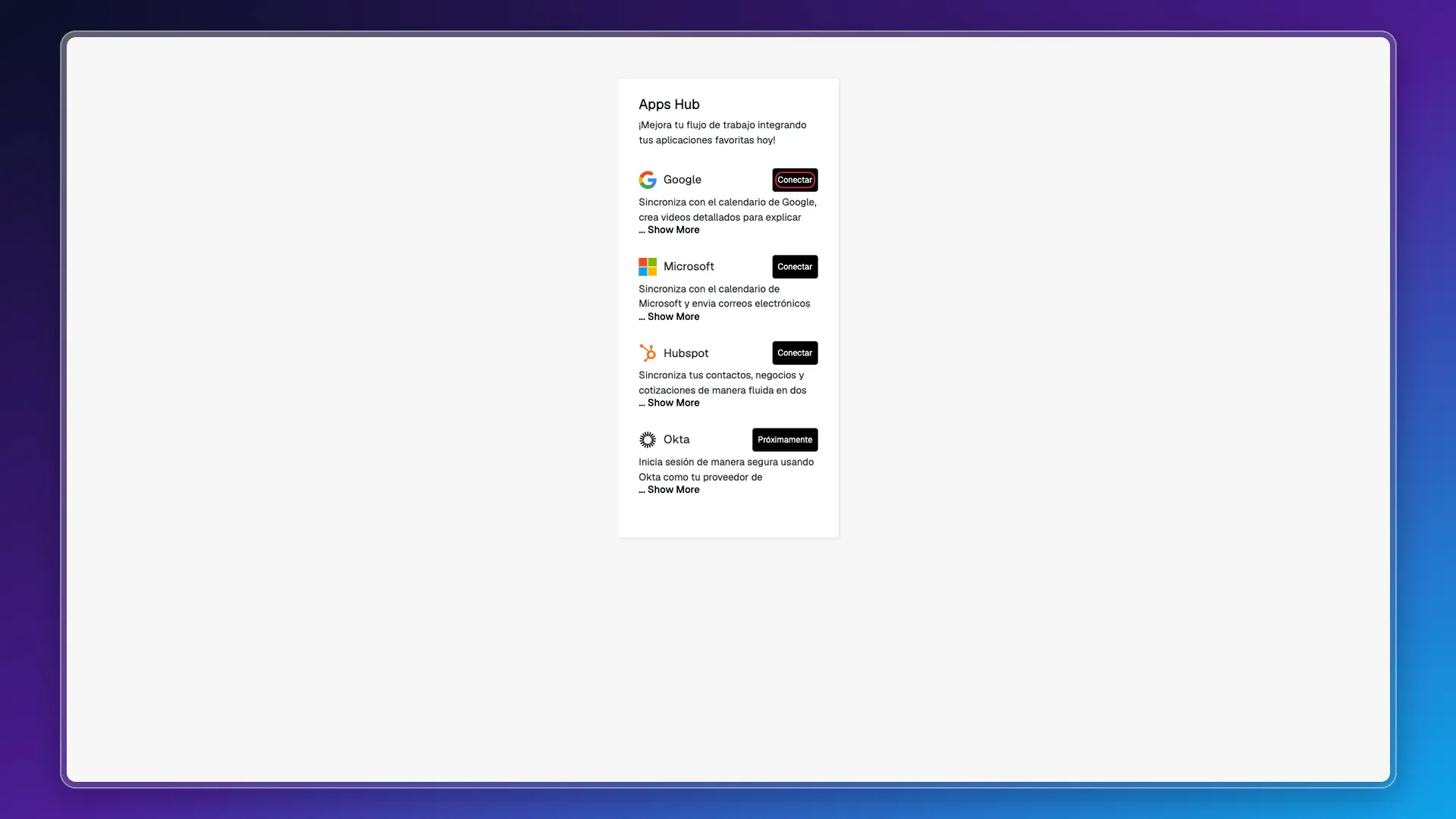 Apps Hub with Google's Connect button highlighted