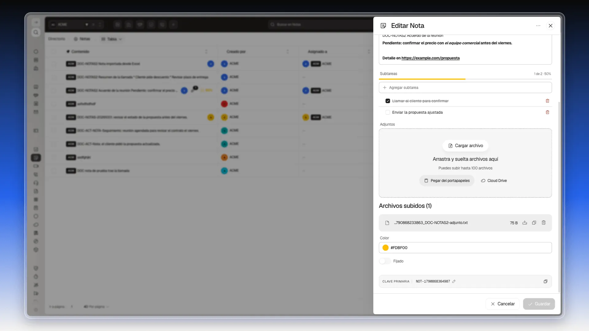 Panel Editar Nota con la sección Archivos subidos y un archivo de 75 B con sus tres íconos