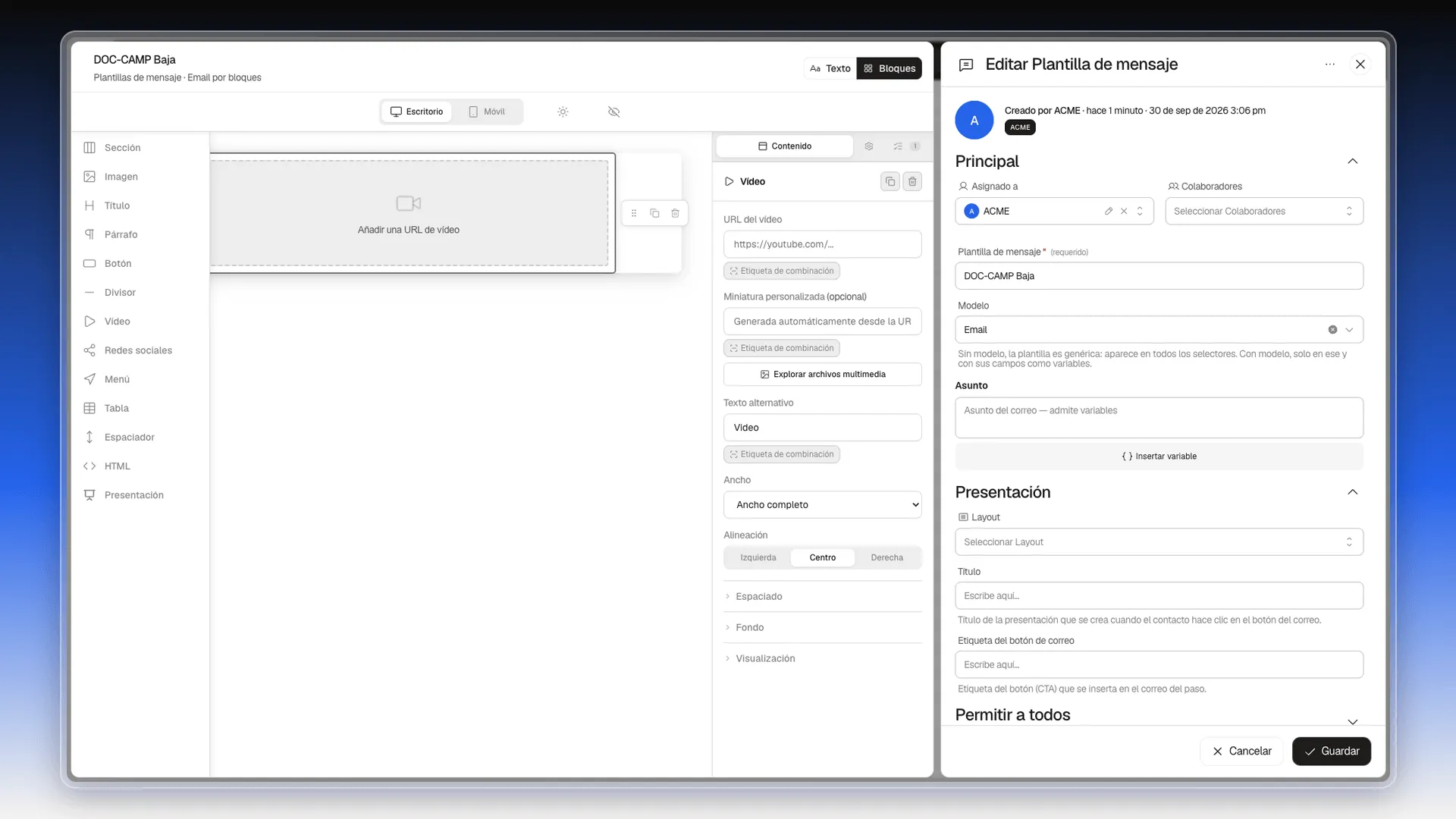 Editor de bloques con el bloque Vídeo seleccionado, el lienzo en el centro y el panel de propiedades a la derecha