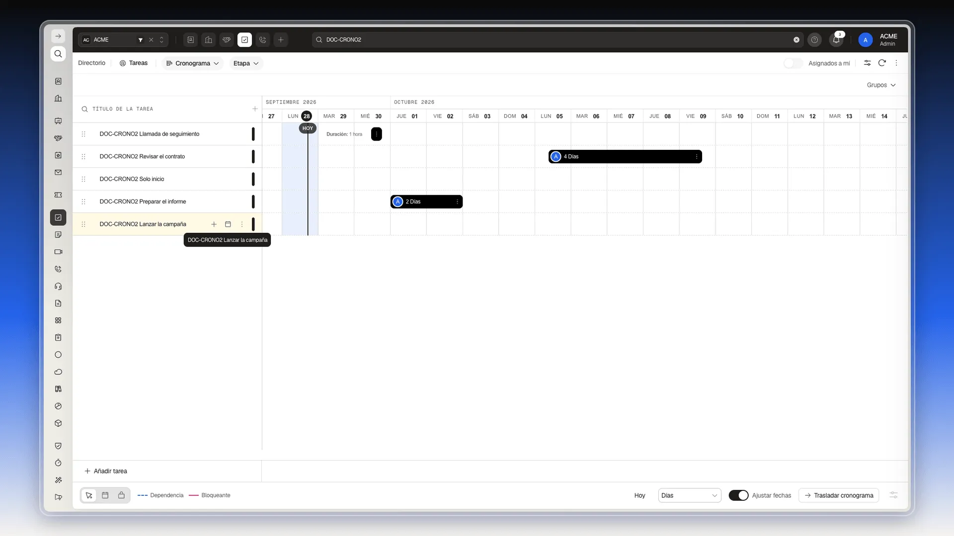 Fila de una tarea del cronograma con el cursor encima y sus tres controles: más, calendario y tres puntos
