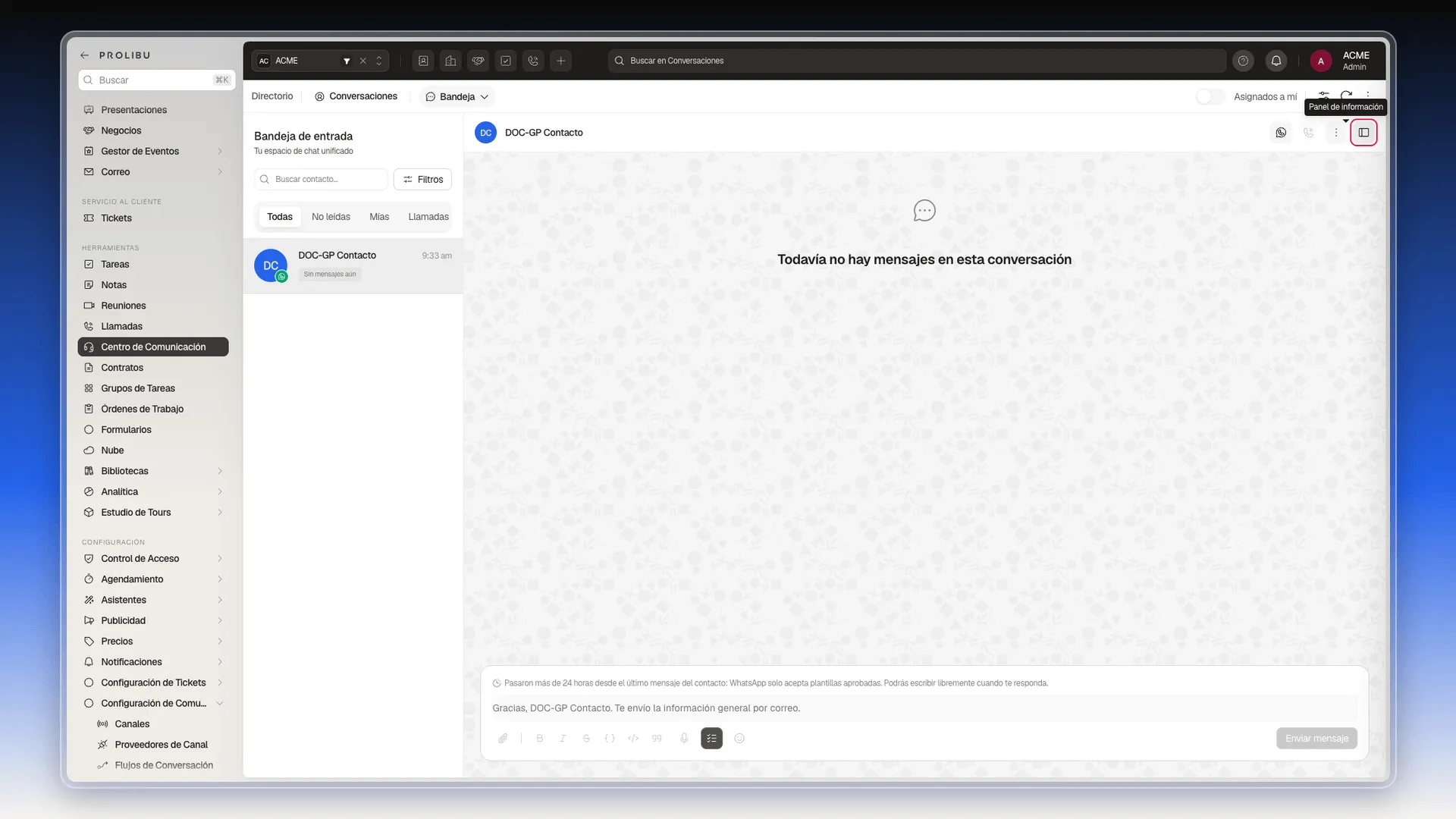 Cabecera de la conversación con el botón Panel de información resaltado