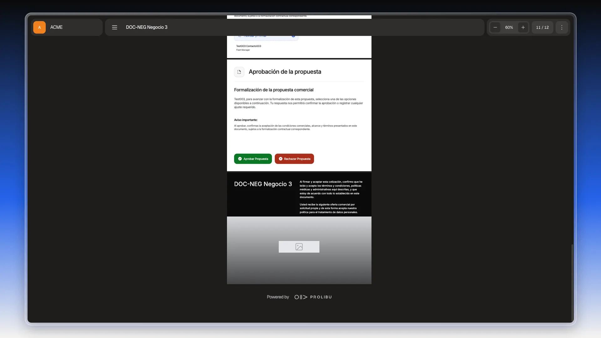 Página Aprobación de la propuesta en la vista del cliente, con los botones verde Aprobar Propuesta y rojo Rechazar Propuesta