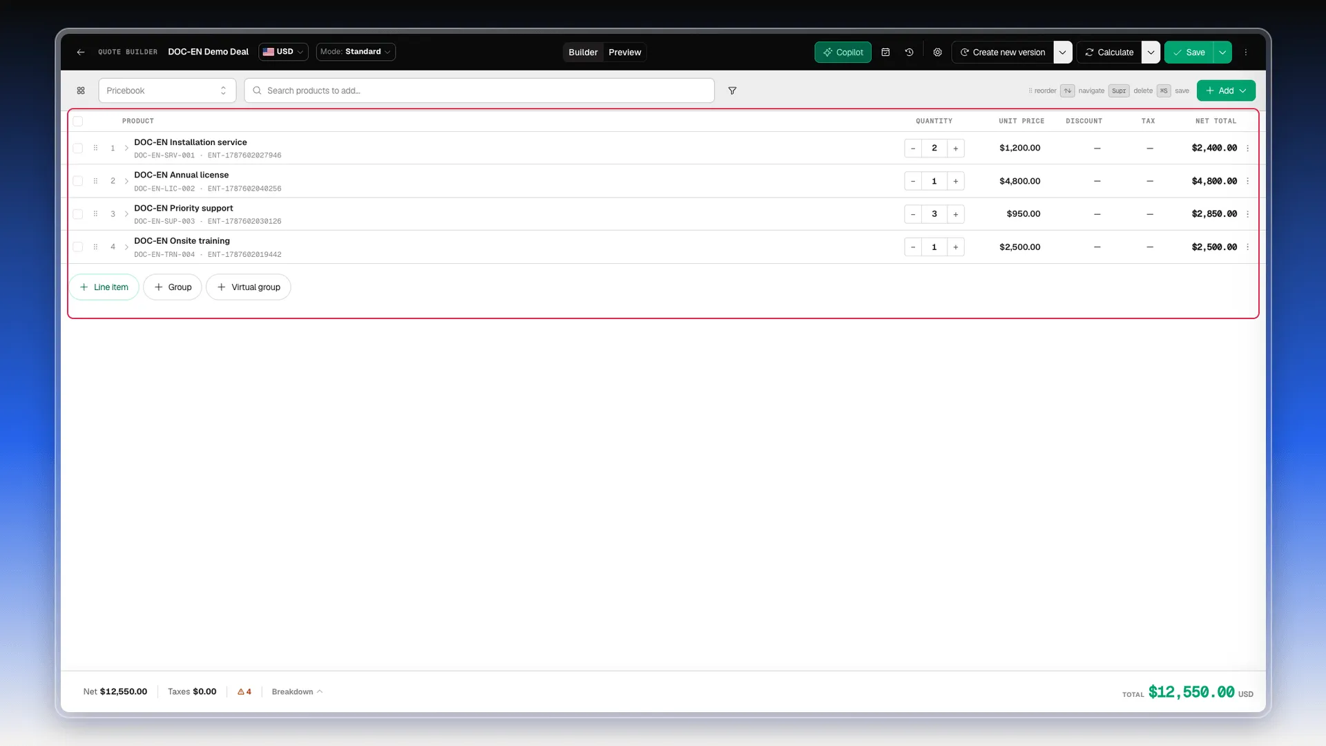 Quote builder with the product table: each line shows quantity, unit price, discount, tax and net total