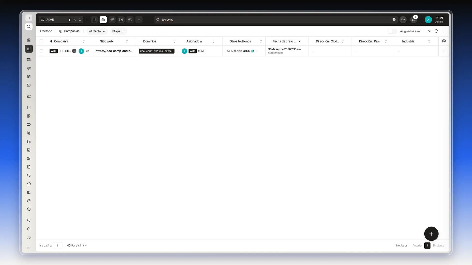 Lista de Compañías filtrada con el texto doc-comp en el buscador de la barra superior, con una sola compañía en la tabla