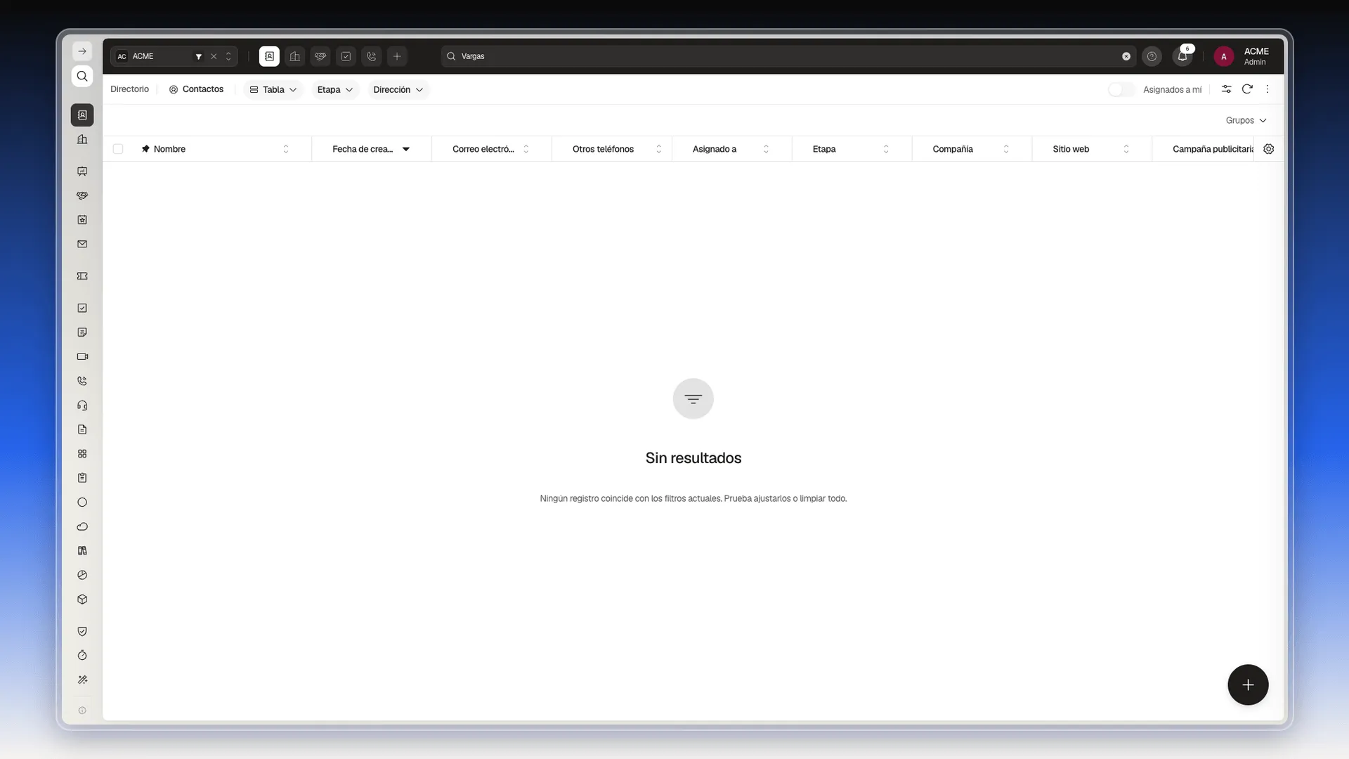 Lista de Contactos con el texto Vargas en el buscador de la barra superior y el aviso Sin resultados