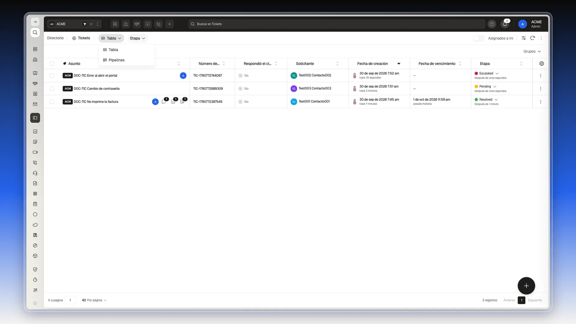 Selector de vista de Tickets desplegado con las opciones Tabla y Pipelines
