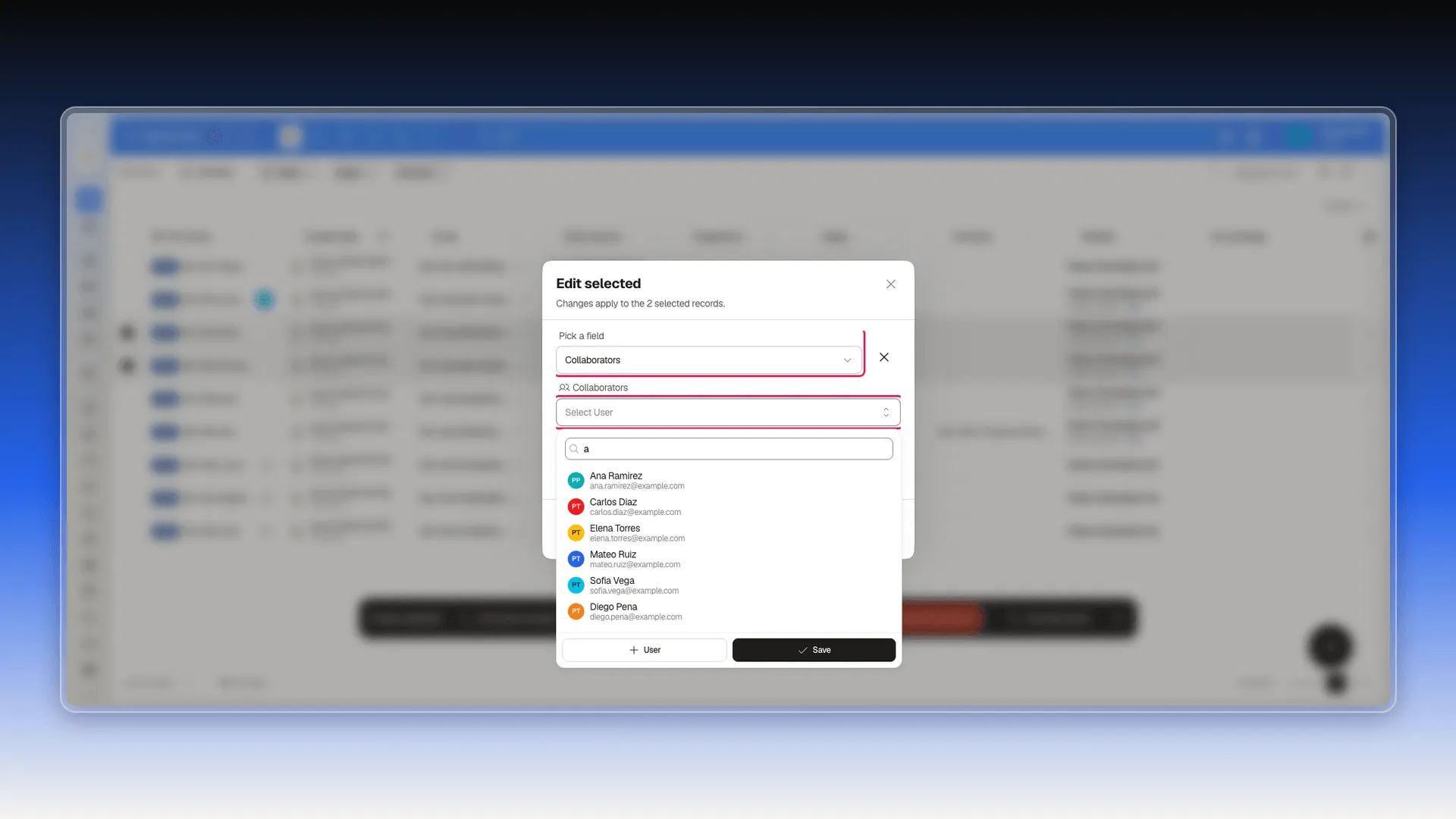 Edit selected dialog with the Collaborators field picked and the user selector