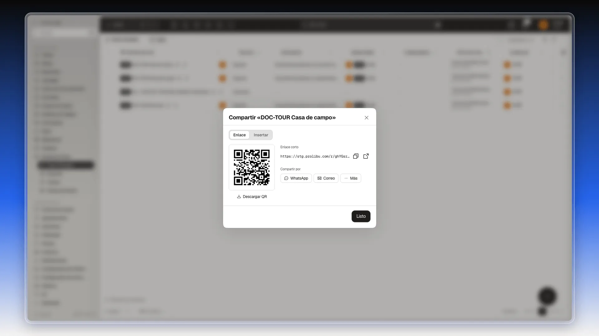 Cuadro Compartir con el código QR, el enlace corto y los botones WhatsApp, Correo y Más