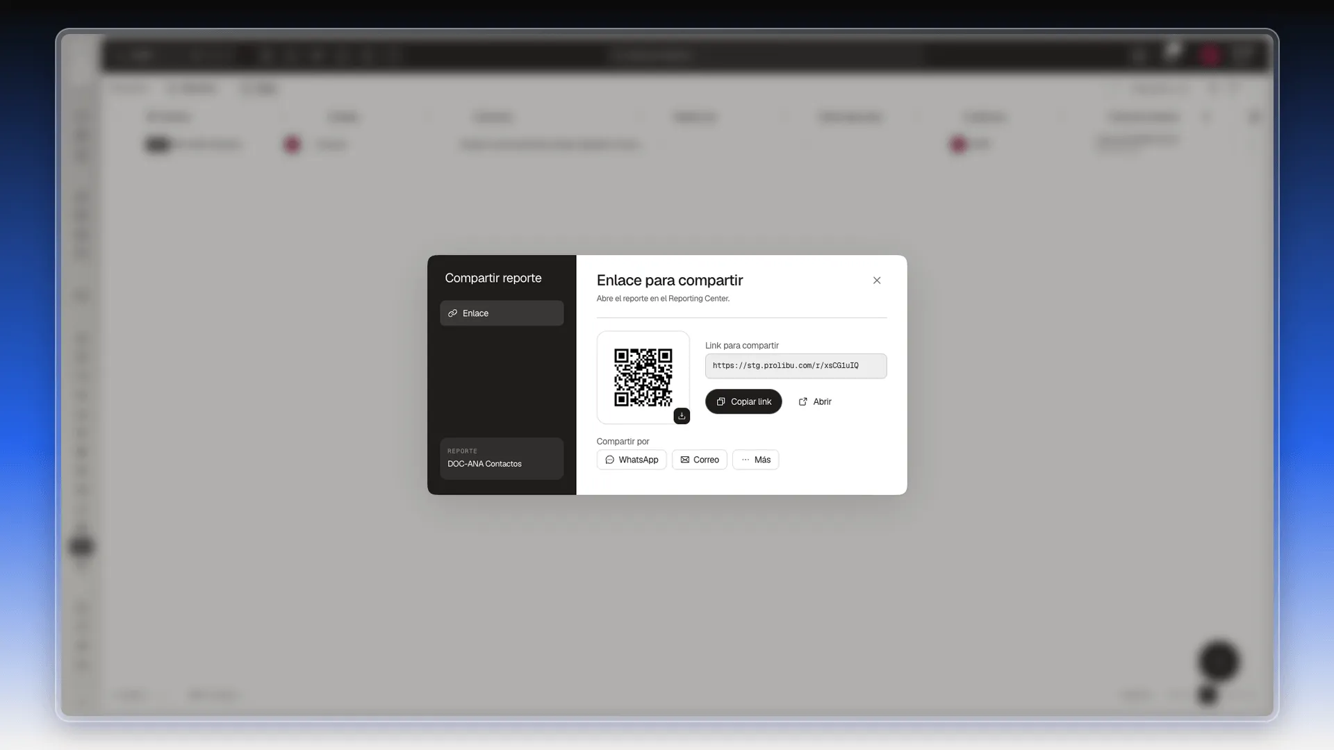 Cuadro Compartir reporte con el código QR, el link para compartir, Copiar link, Abrir y los botones WhatsApp, Correo y Más