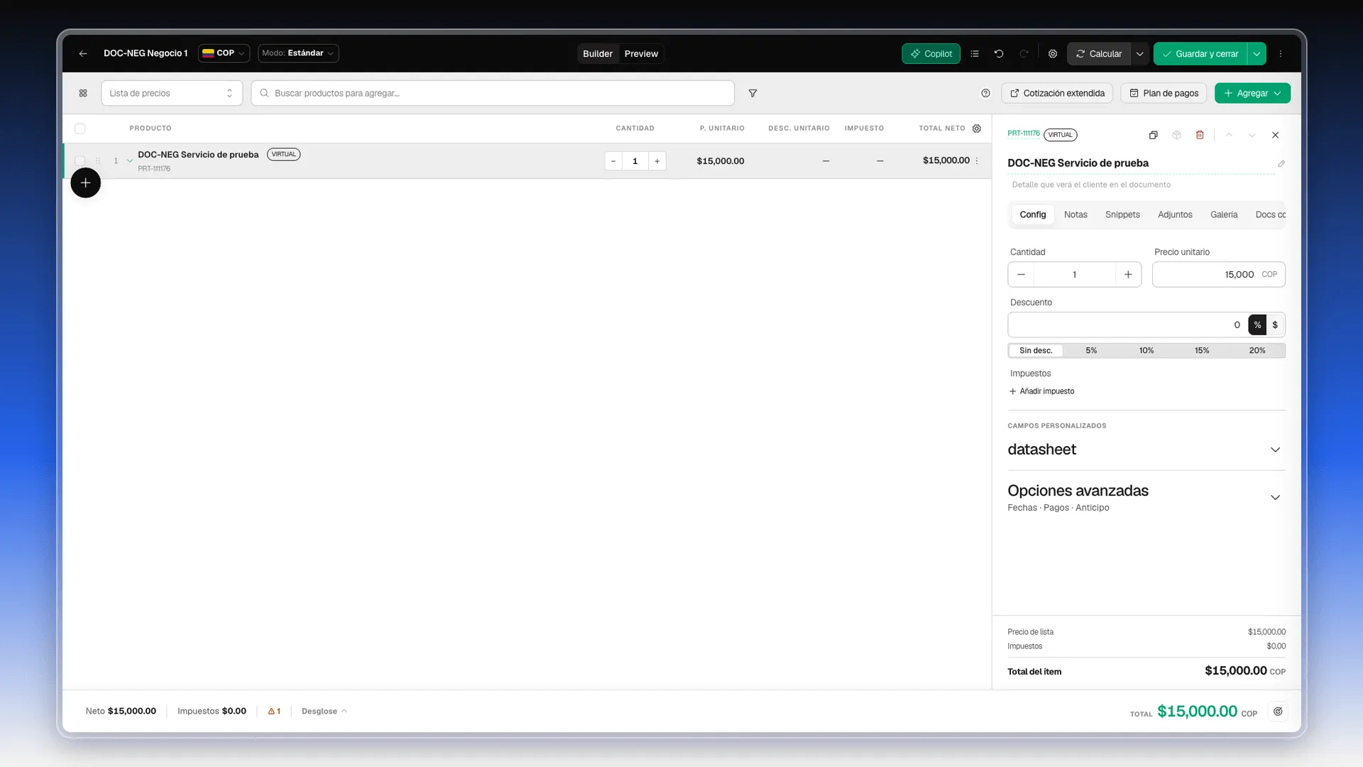 Cotizador abierto desde un negocio con un ítem virtual DOC-NEG Servicio de prueba, el botón Guardar y cerrar y el total abajo a la derecha
