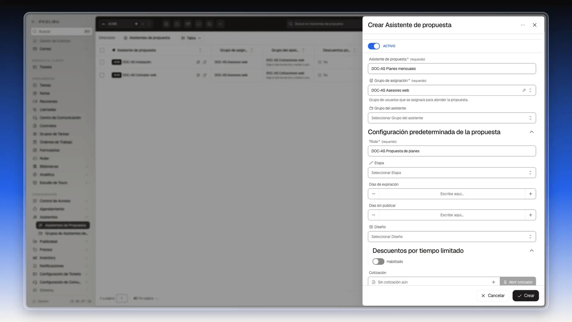 Panel Crear Asistente de propuesta con el nombre, el grupo de asignación y el título de la propuesta escritos