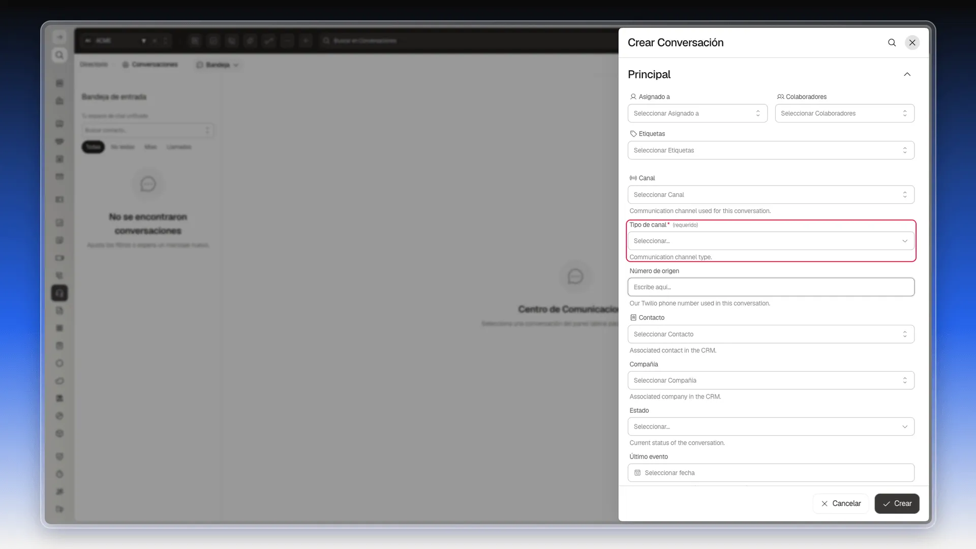 Formulario Crear Conversación con el campo Tipo de canal resaltado