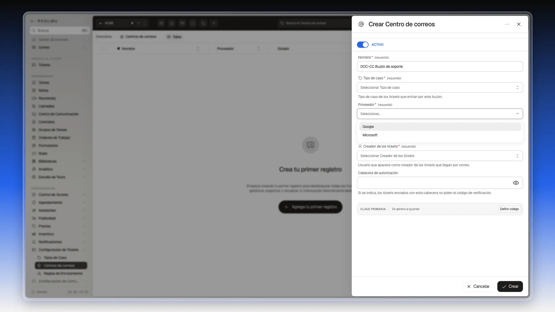 Panel Crear Centro de correos con el desplegable Proveedor abierto: Google y Microsoft