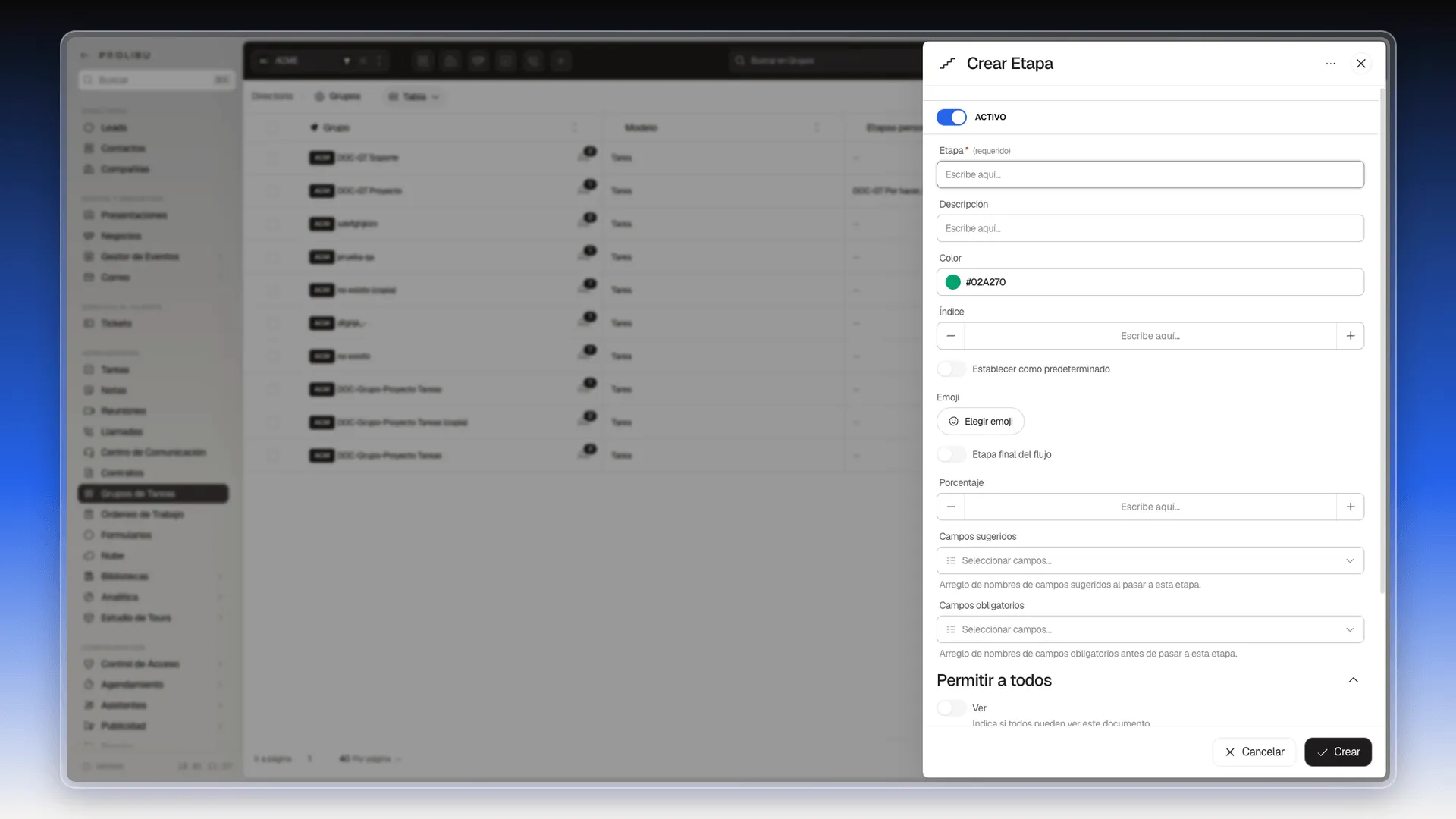 Parte alta del panel Crear Etapa con Activo, Etapa, Descripción, Color e Índice