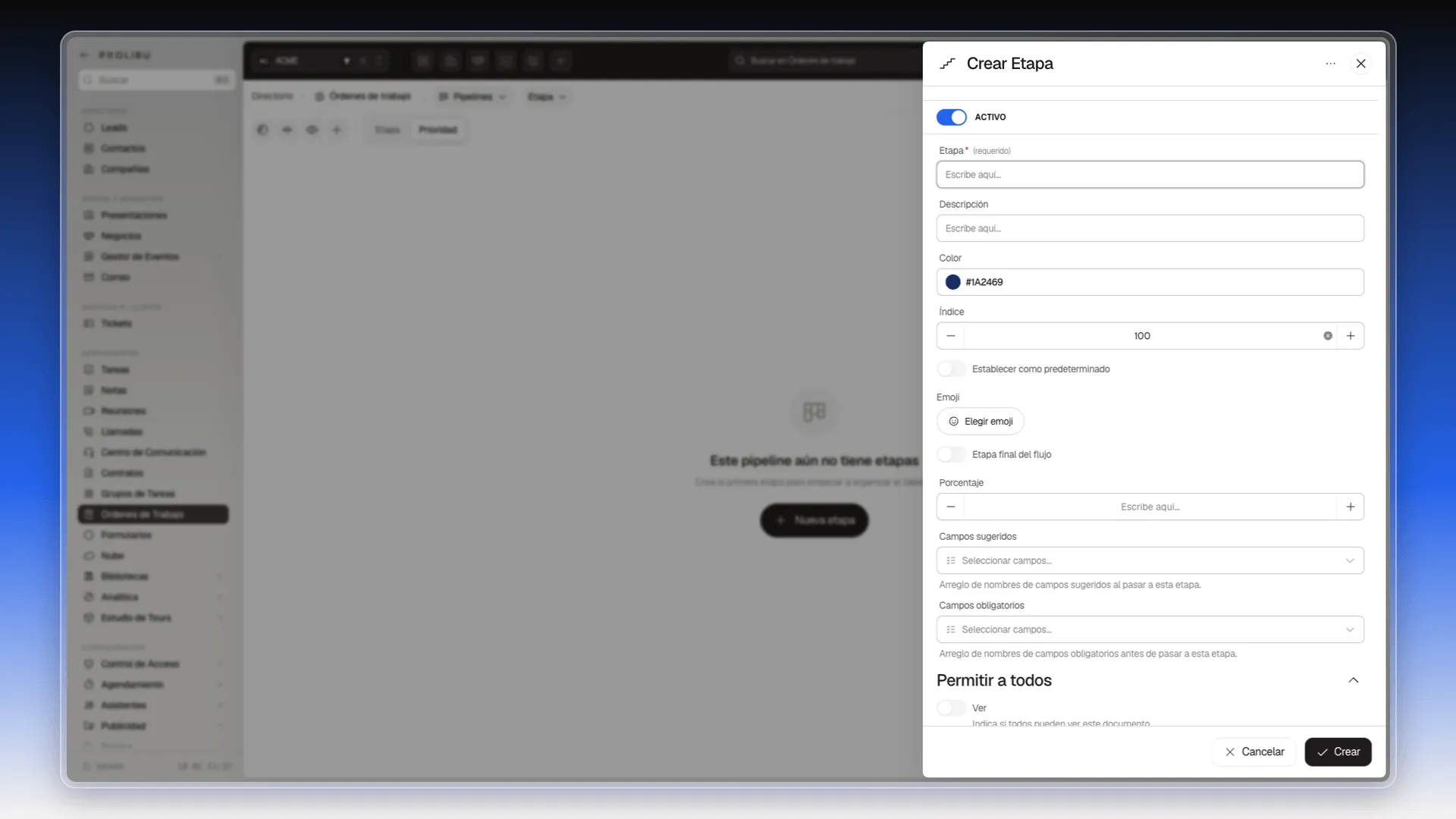Panel Crear Etapa con el interruptor Activo, el campo Etapa, el color y el índice
