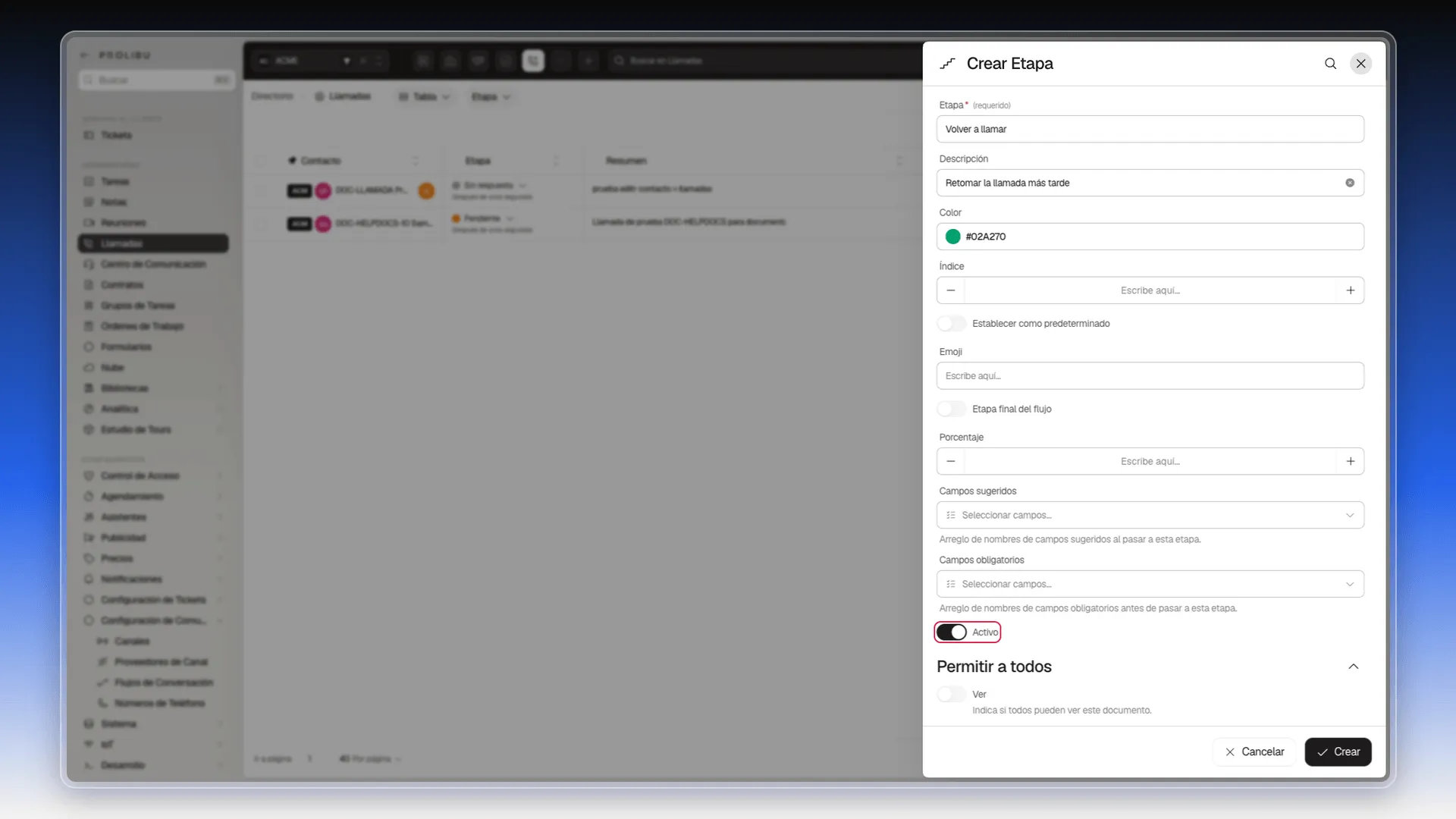 Formulario Crear Etapa con el interruptor Activo marcado