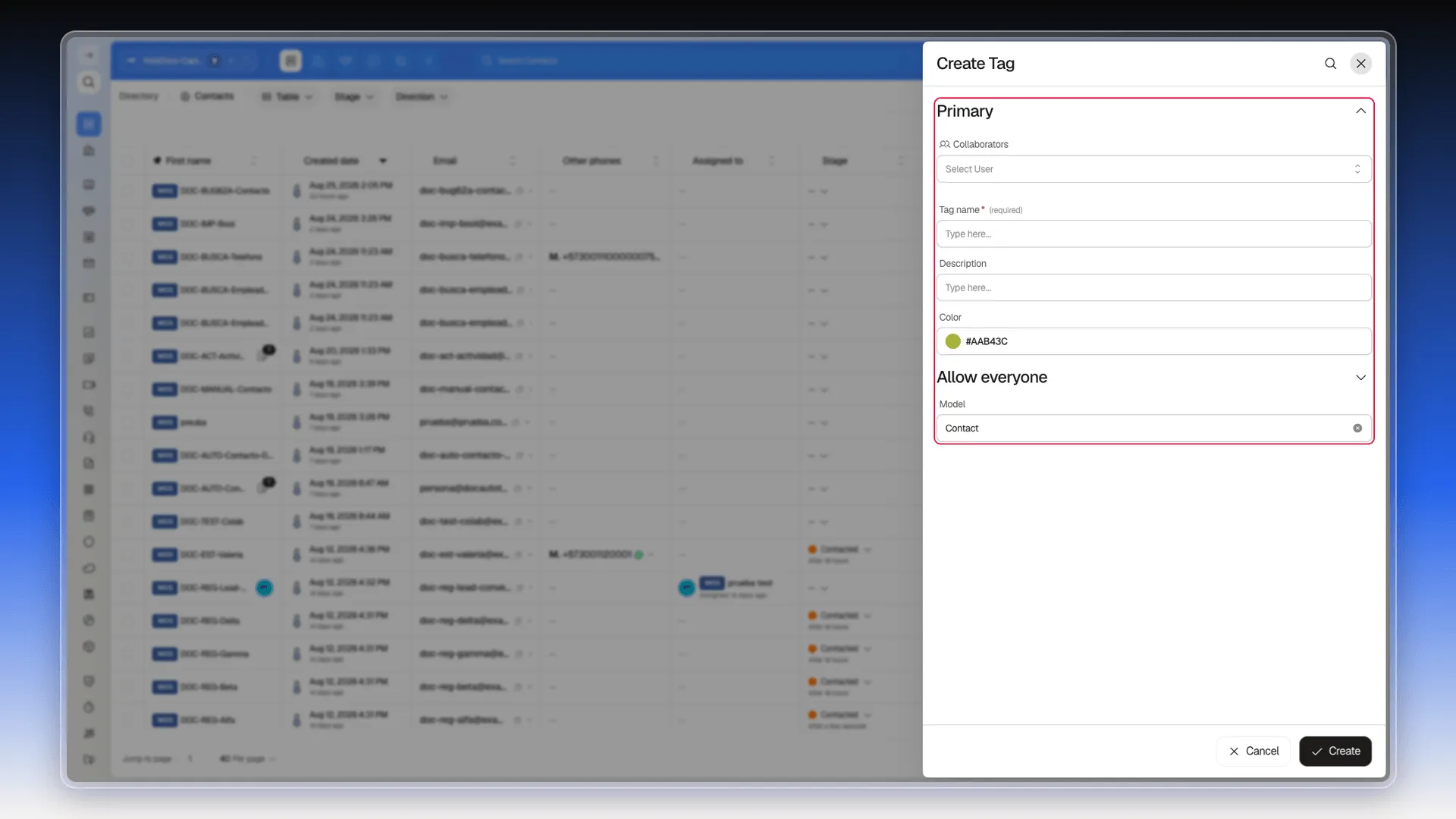 Create Tag form highlighted, with Collaborators, Tag name, Description, Color, the Allow everyone section collapsed and the Model field set to Contact