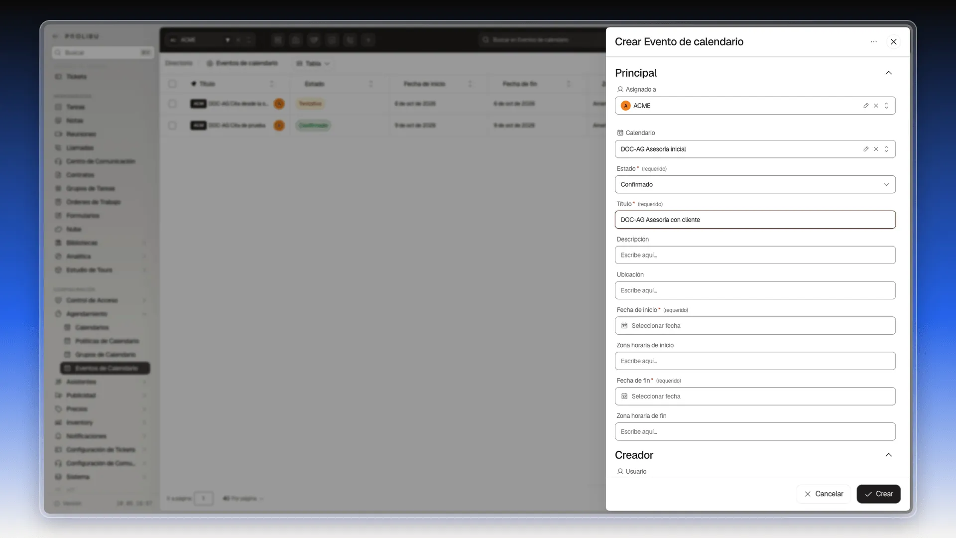 Panel Crear Evento de calendario con el calendario, el estado Confirmado y el título rellenados
