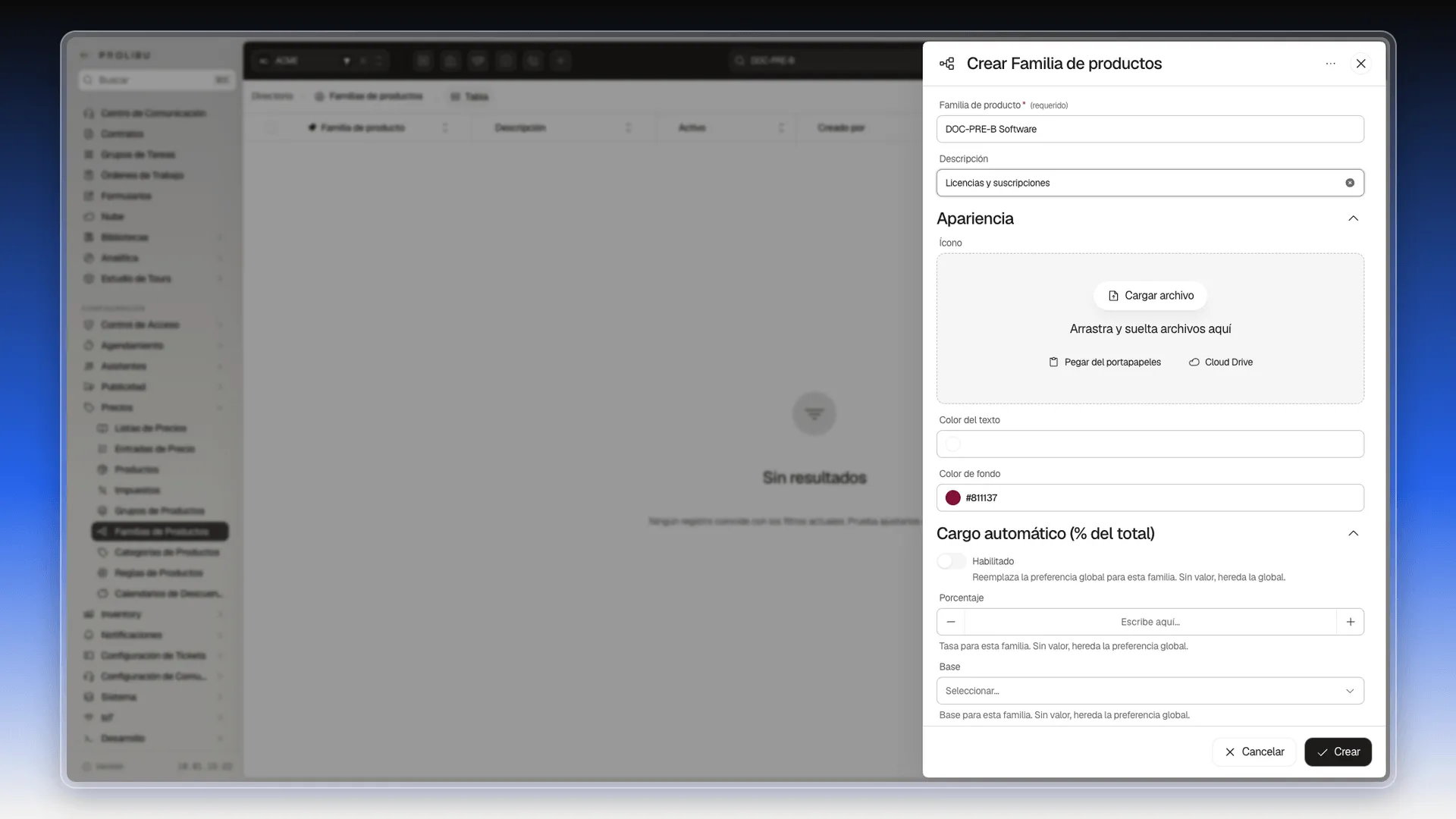 Panel Crear Familia de productos con el nombre, la descripción y las secciones Apariencia y Cargo automático