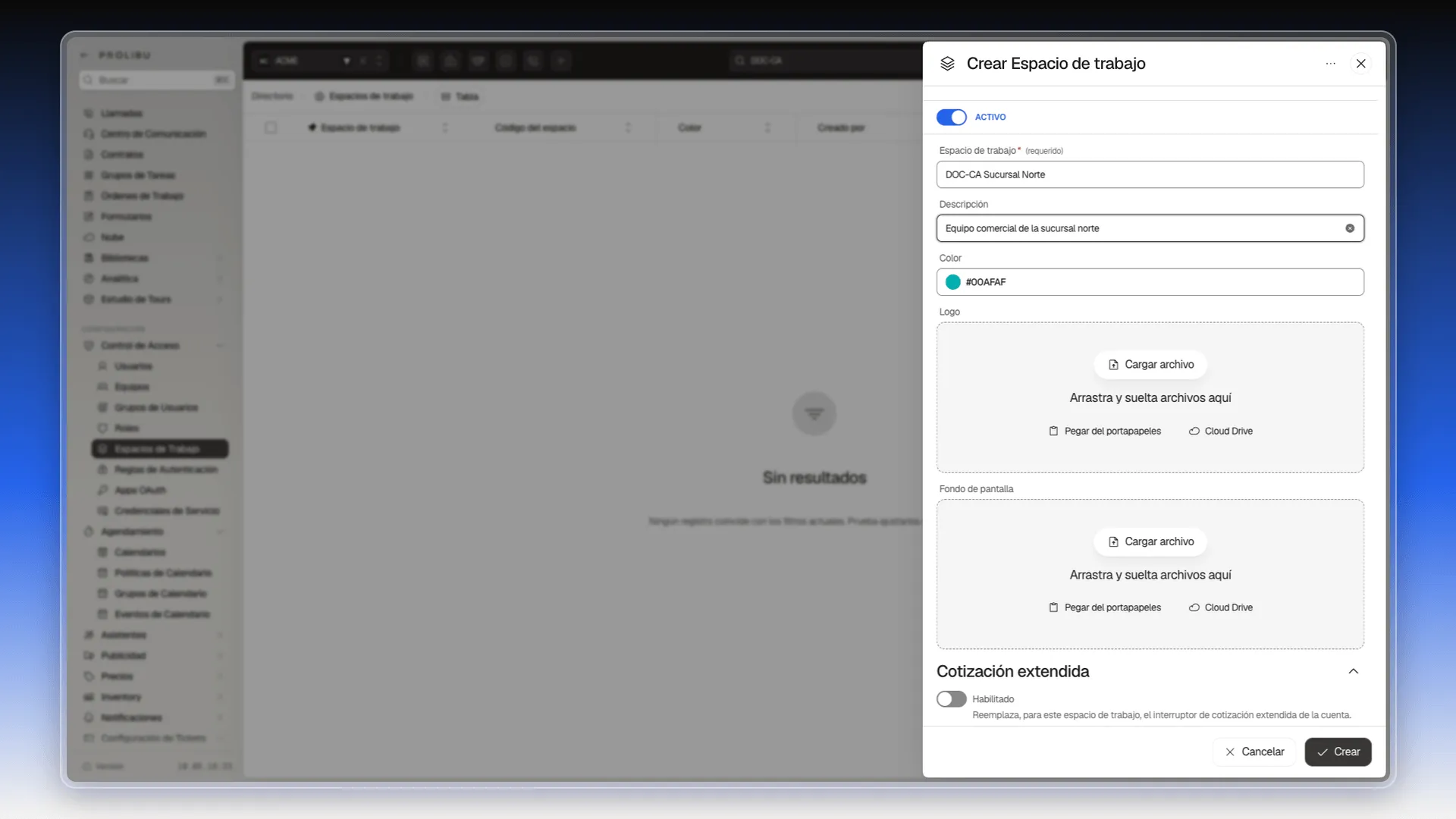 Panel Crear Espacio de trabajo con el interruptor Activo, el nombre DOC-CA Sucursal Norte, la descripción, el color y las zonas para cargar el logo y el fondo de pantalla