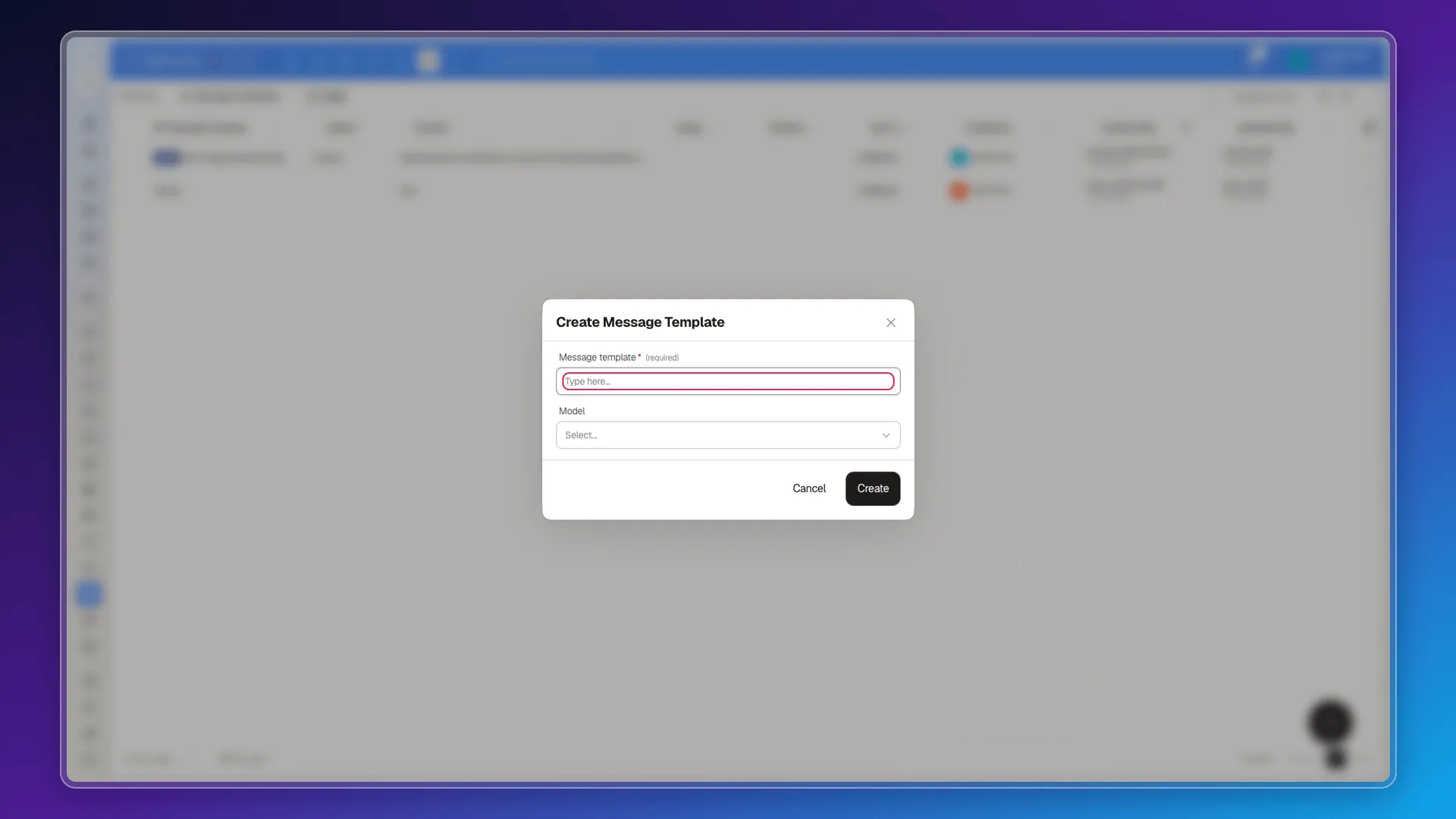 Create Message Template panel with the name field highlighted