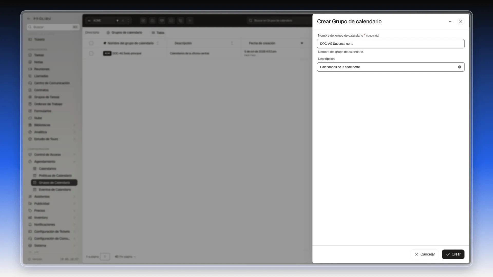 Panel Crear Grupo de calendario con el nombre y la descripción escritos