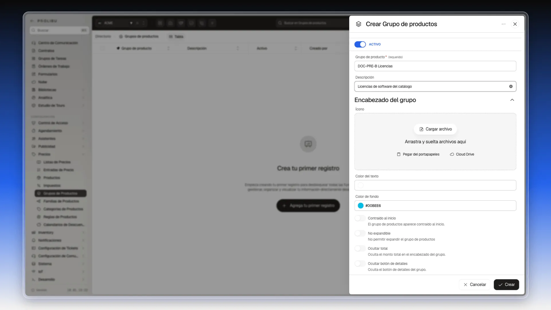 Panel Crear Grupo de productos con el nombre y la descripción escritos y la sección Encabezado del grupo abierta