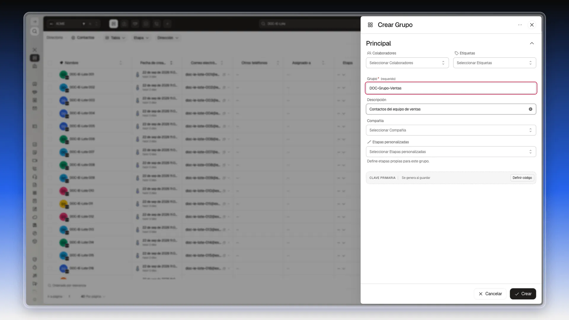 Panel Crear Grupo con el campo Grupo resaltado y la descripción rellenada
