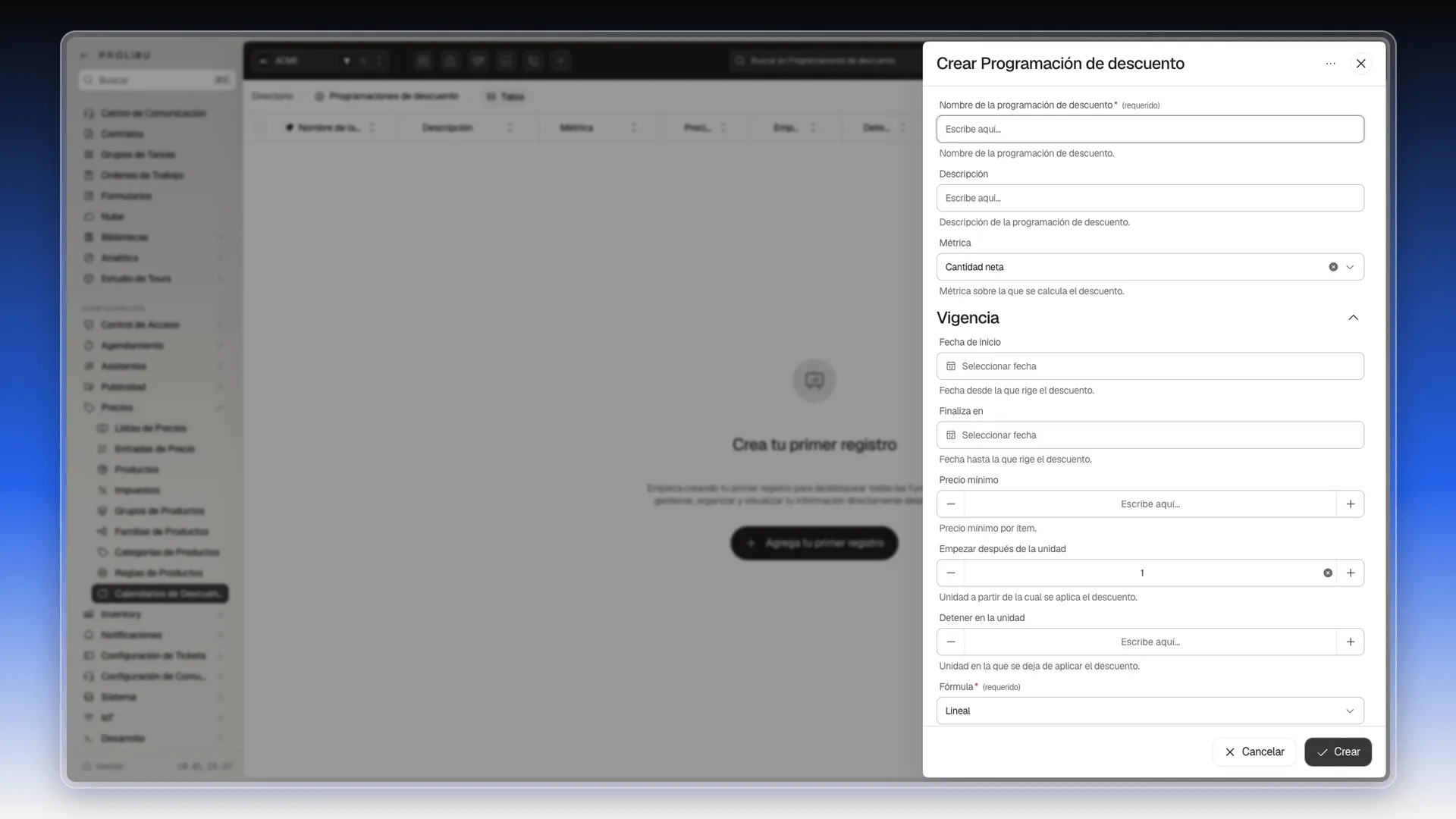 Panel Crear Programación de descuento con Nombre, Descripción, Métrica en Cantidad neta y la sección Vigencia