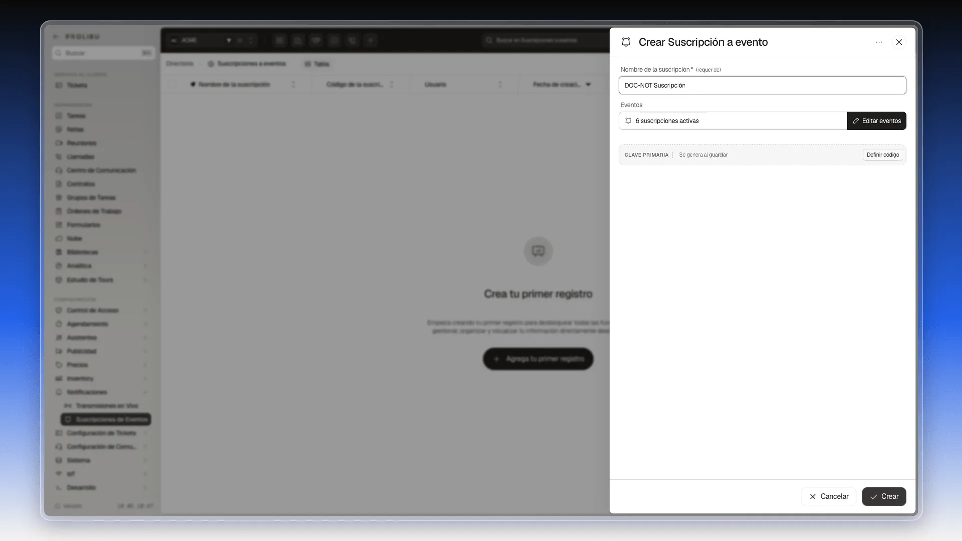 Panel Crear Suscripción a evento con el nombre escrito y el botón Editar eventos