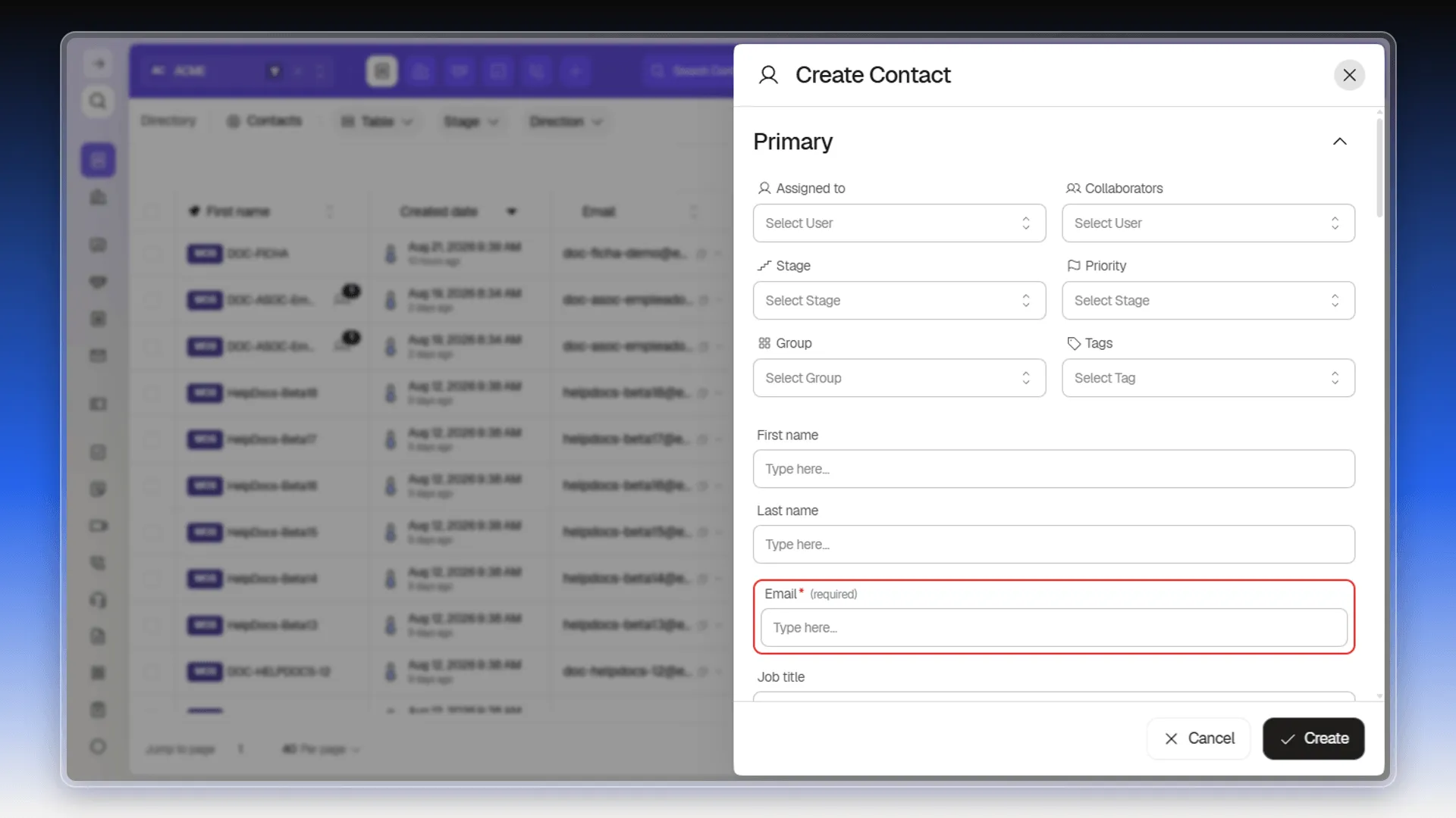 Create Contact form with the Email field marked as required