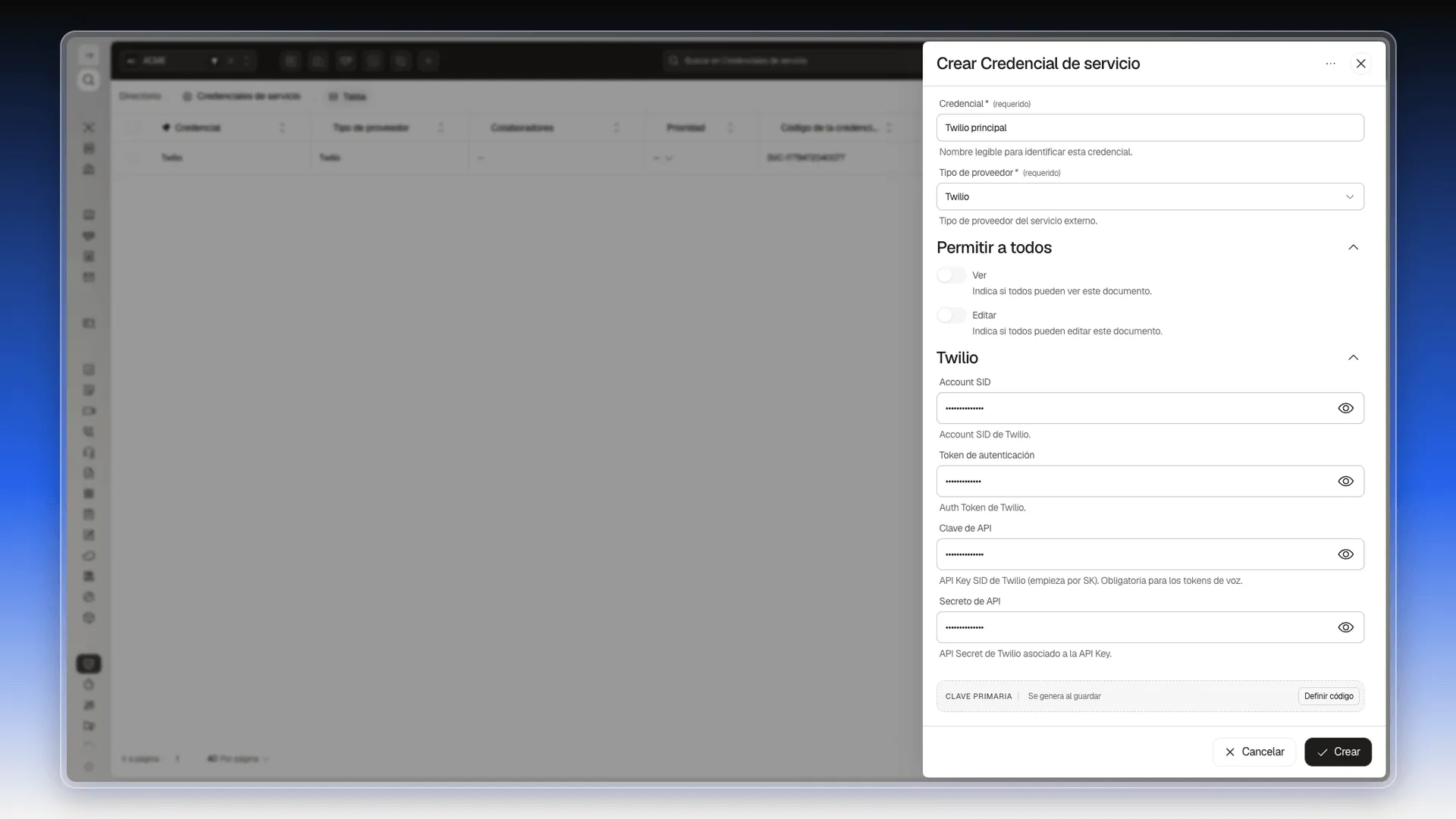 Panel Crear Credencial de servicio con Tipo de proveedor Twilio y la sección Twilio con Account SID, Token de autenticación, Clave de API y Secreto de API
