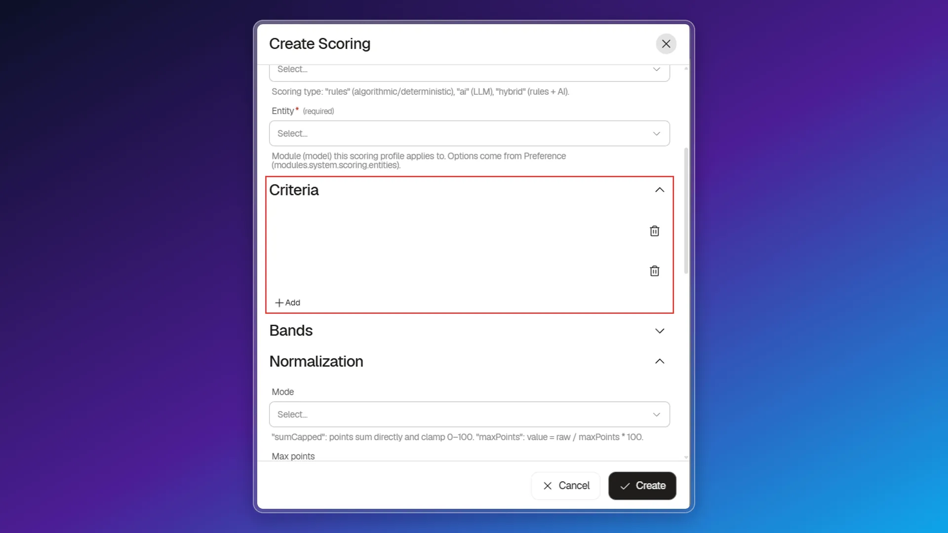 Criteria section of the Create Scoring panel, highlighted: two empty rows with only the trash icon and the Add button