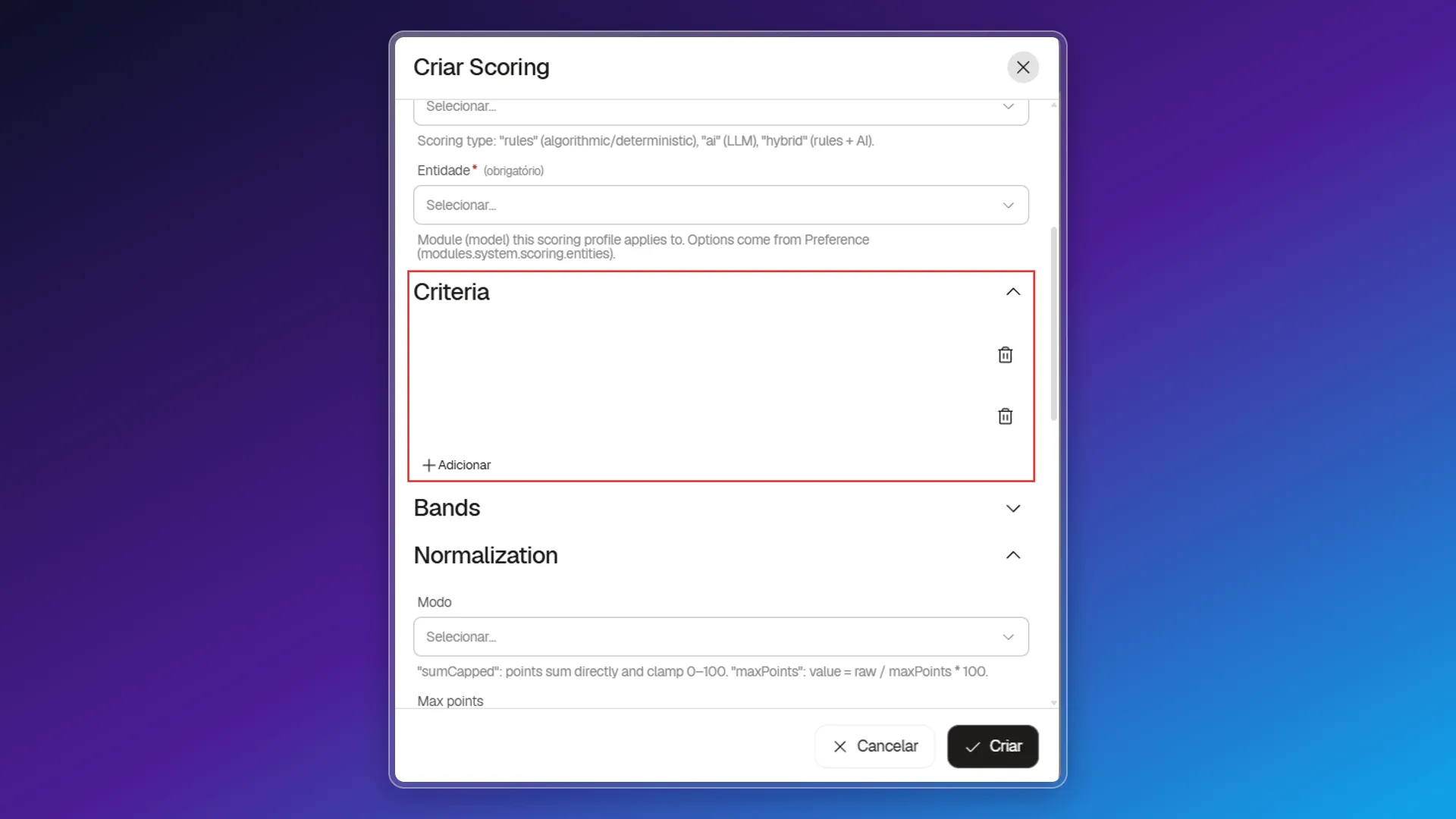 Seção Criteria do painel Criar Scoring, destacada: duas linhas vazias com apenas o ícone de lixeira e o botão Adicionar