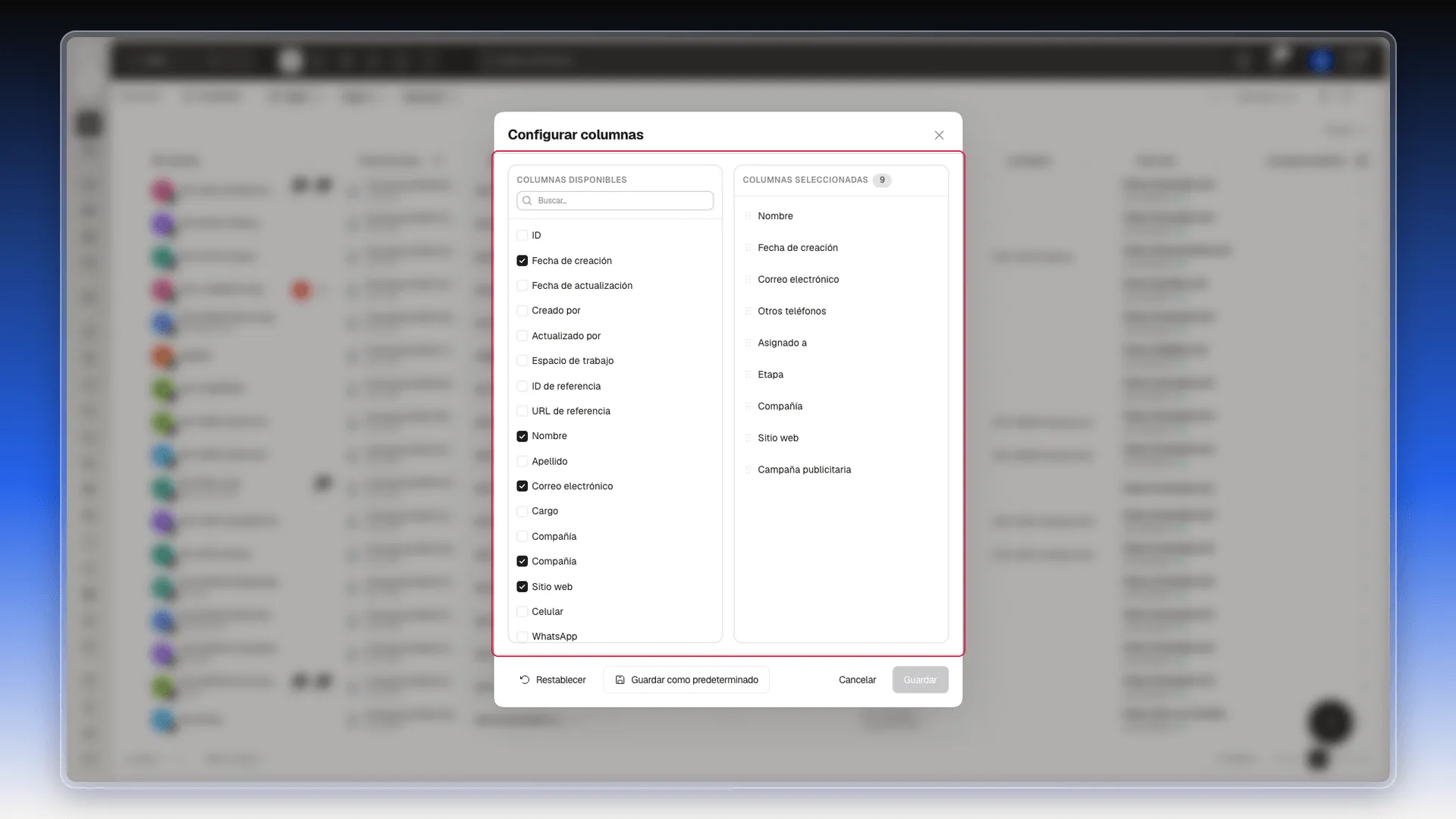 Cuadro Configurar columnas con columnas disponibles y seleccionadas