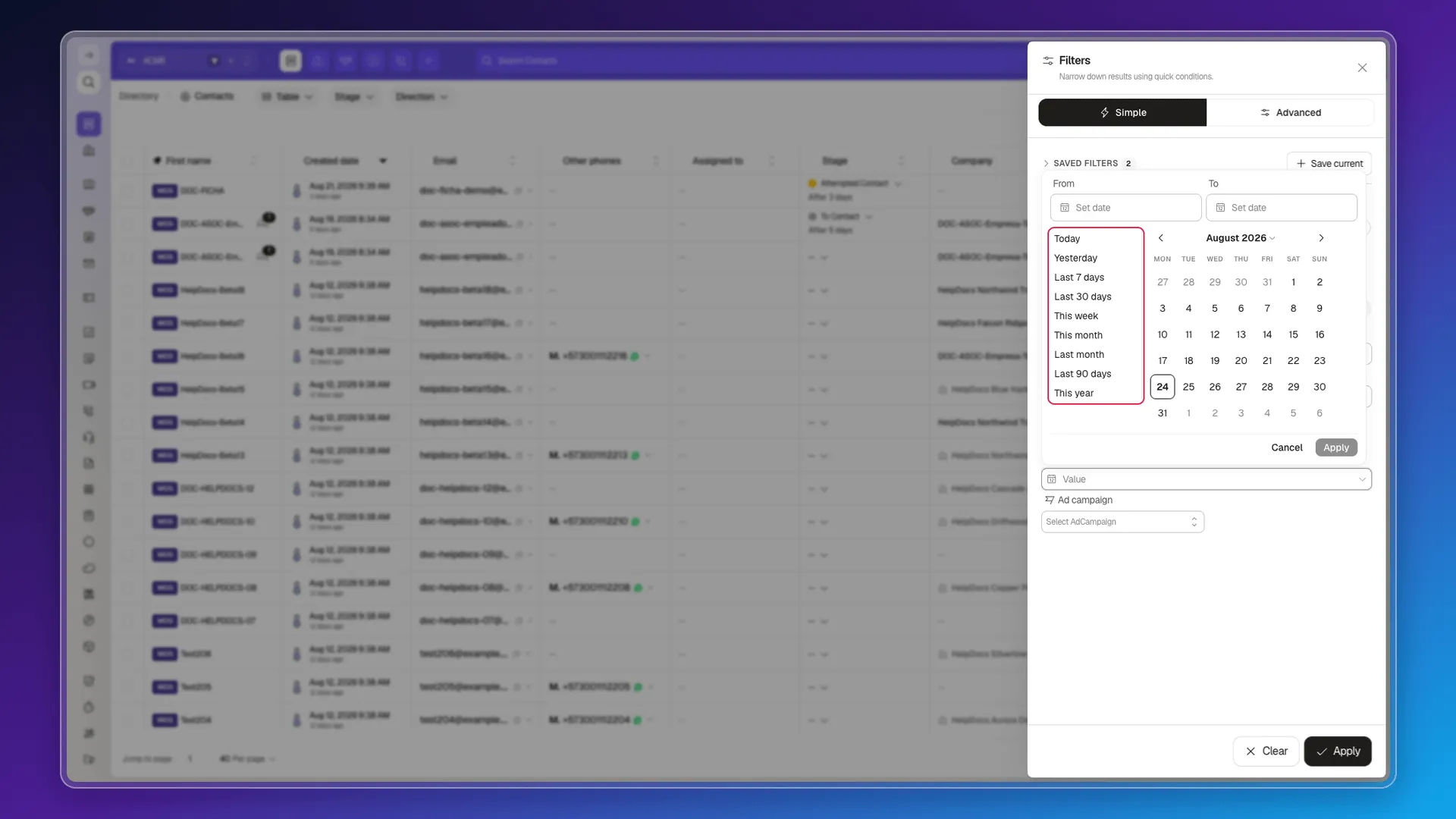 Date range picker with the nine shortcuts highlighted, next to the calendar