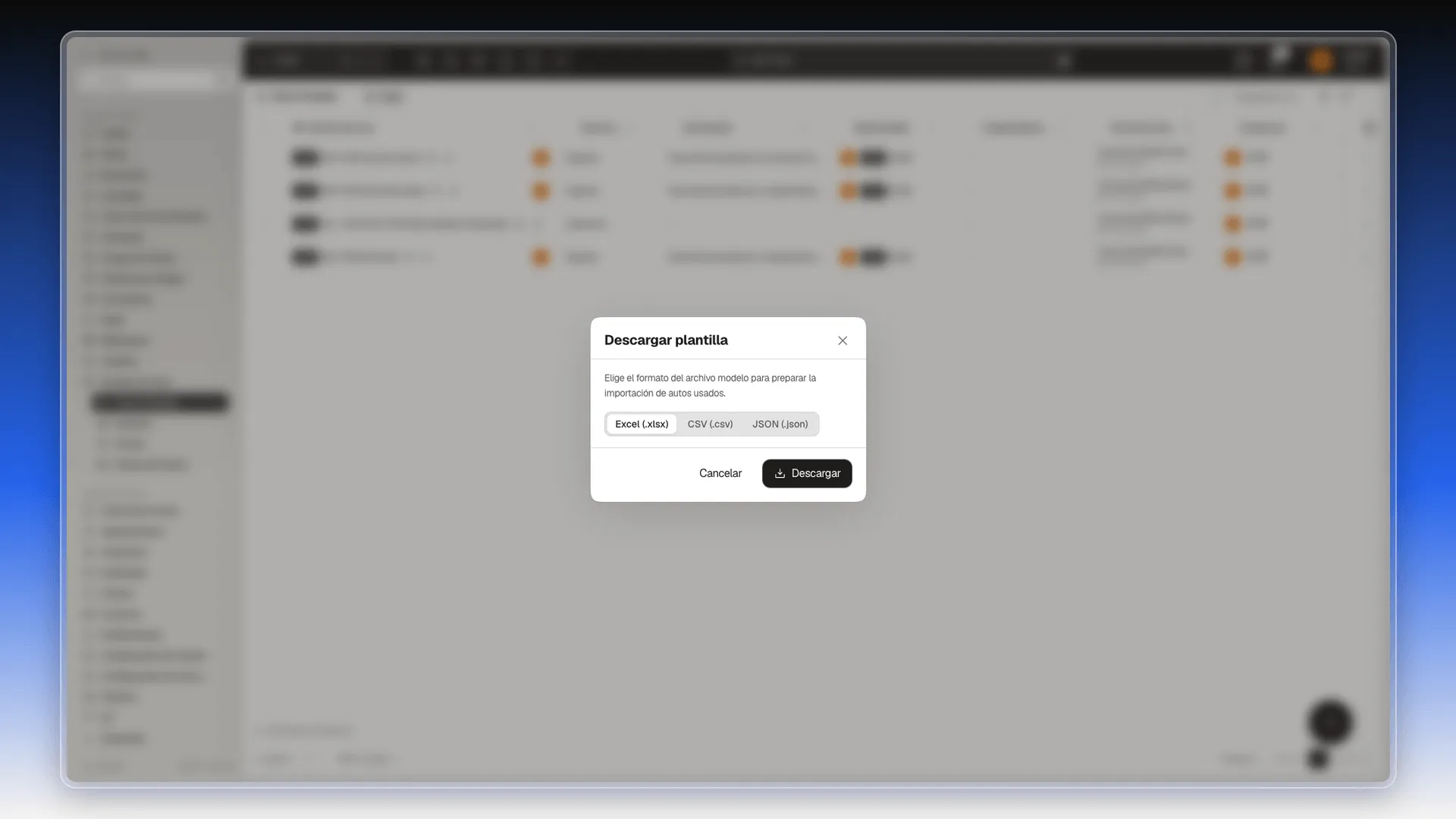 Cuadro Descargar plantilla con los formatos Excel (.xlsx), CSV (.csv) y JSON (.json) y el botón Descargar