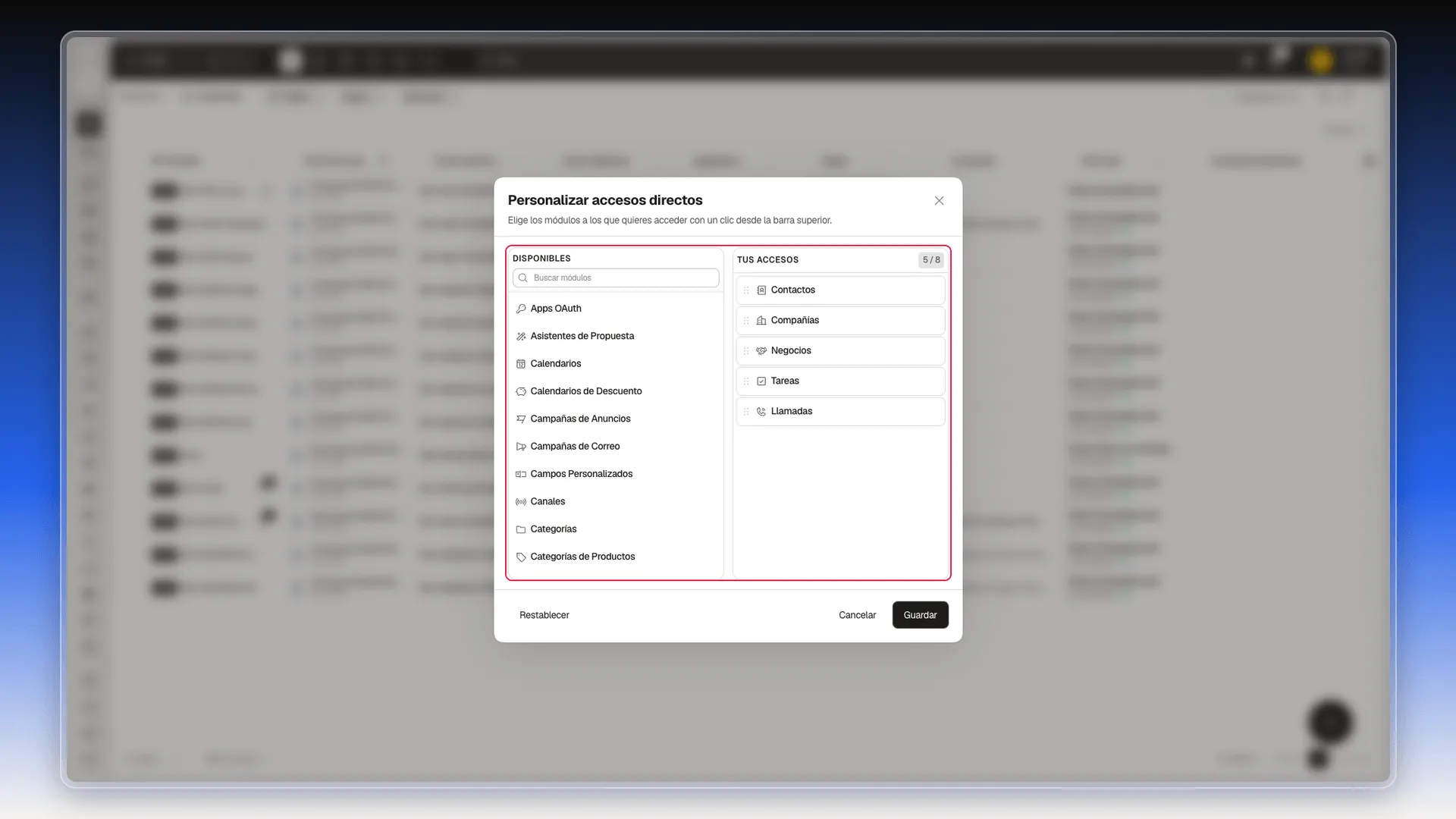 Ventana Personalizar accesos directos con los accesos disponibles y los seleccionados