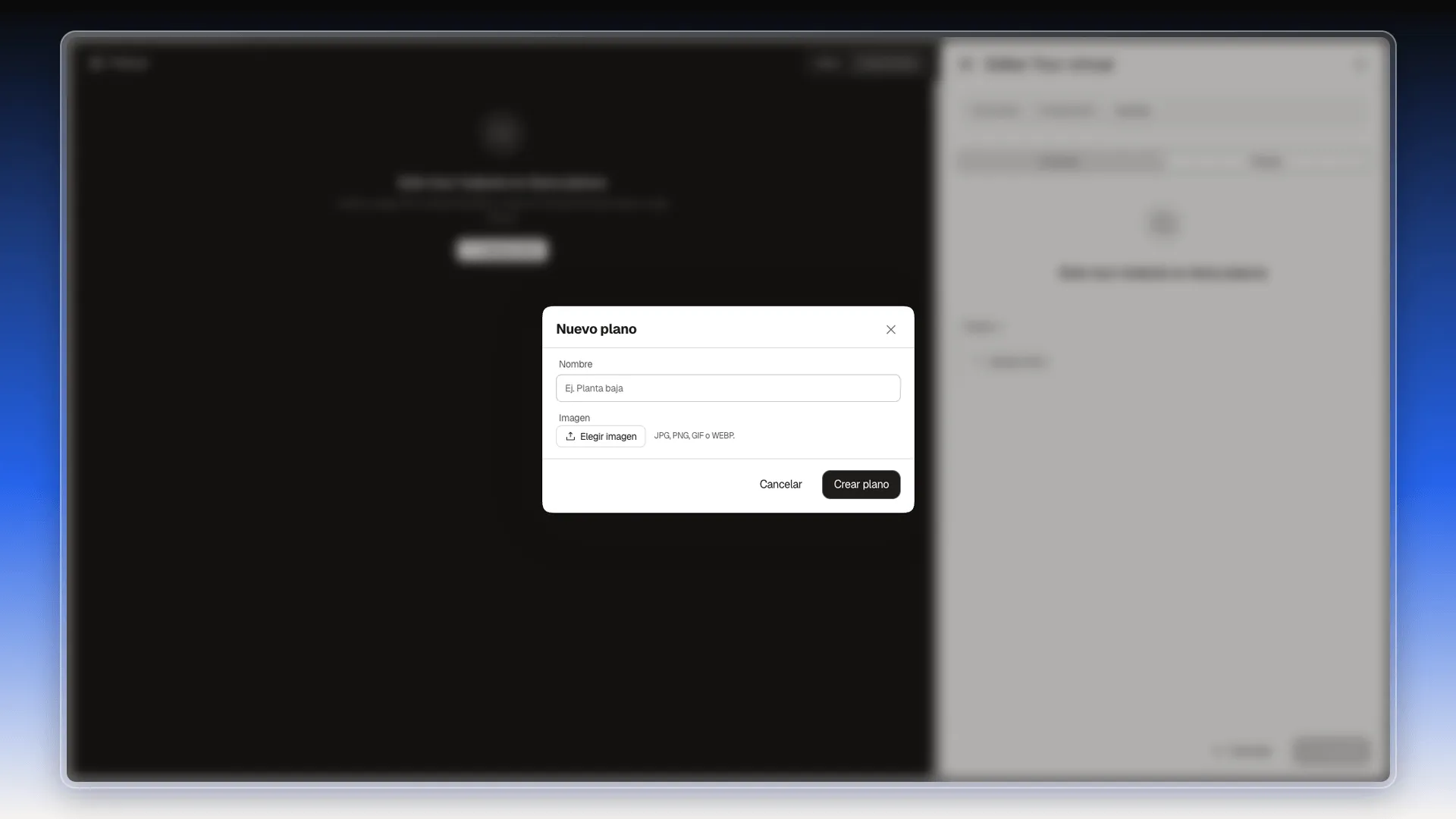 Cuadro Nuevo plano con los campos Nombre e Imagen y la nota JPG, PNG, GIF o WEBP