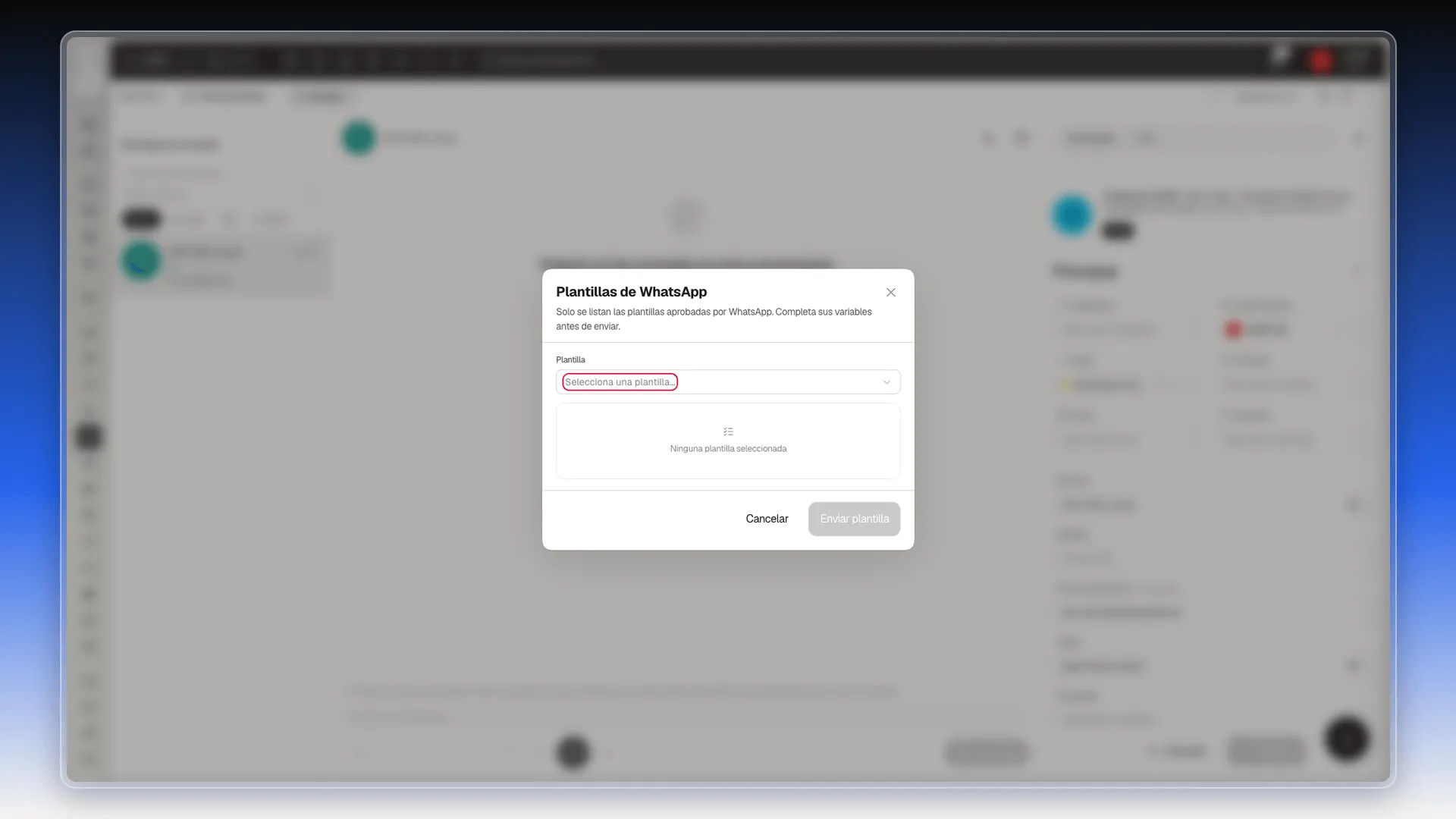 Diálogo Plantillas de WhatsApp con el selector Plantilla resaltado