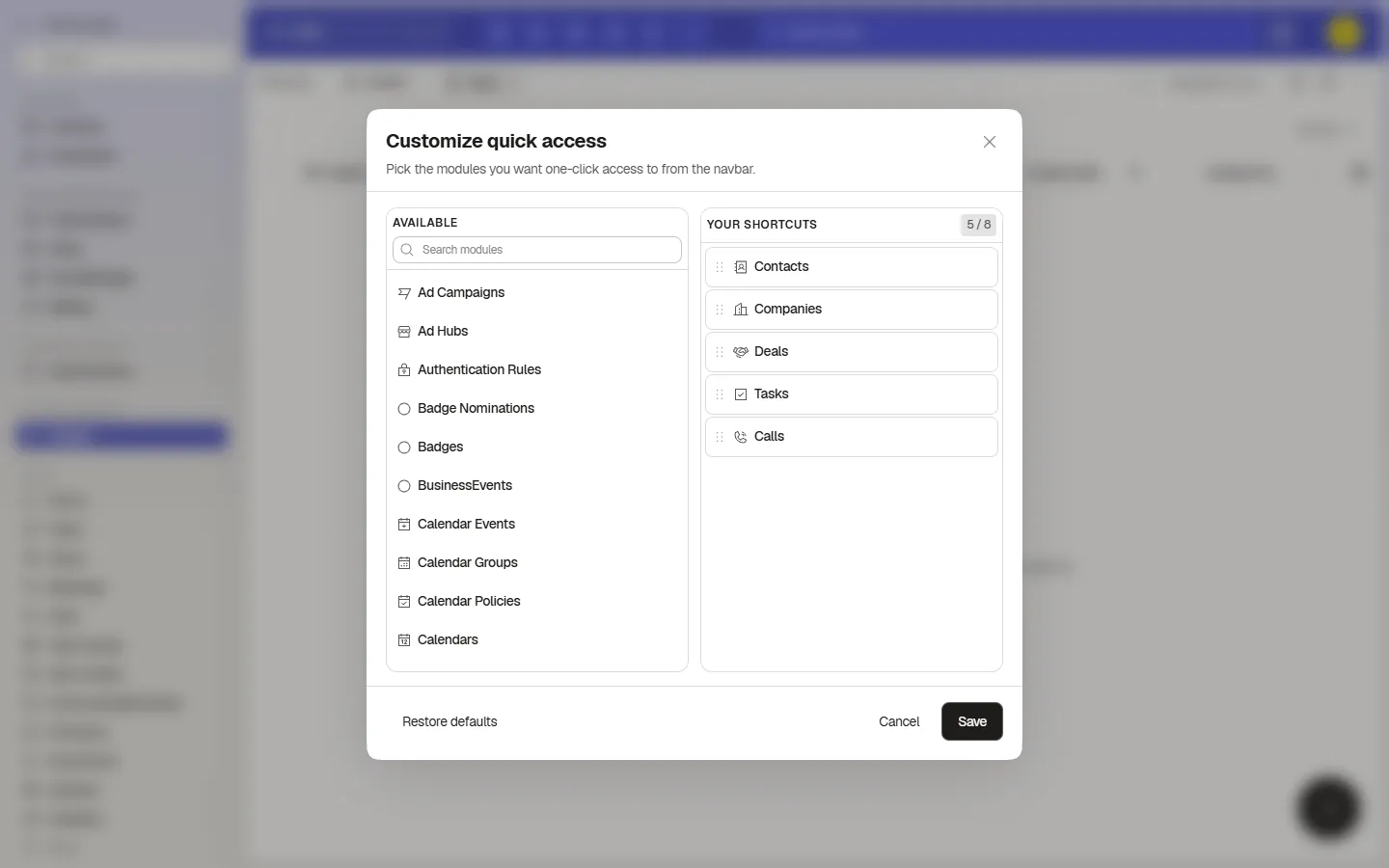 Customize shortcuts window with available and selected shortcuts