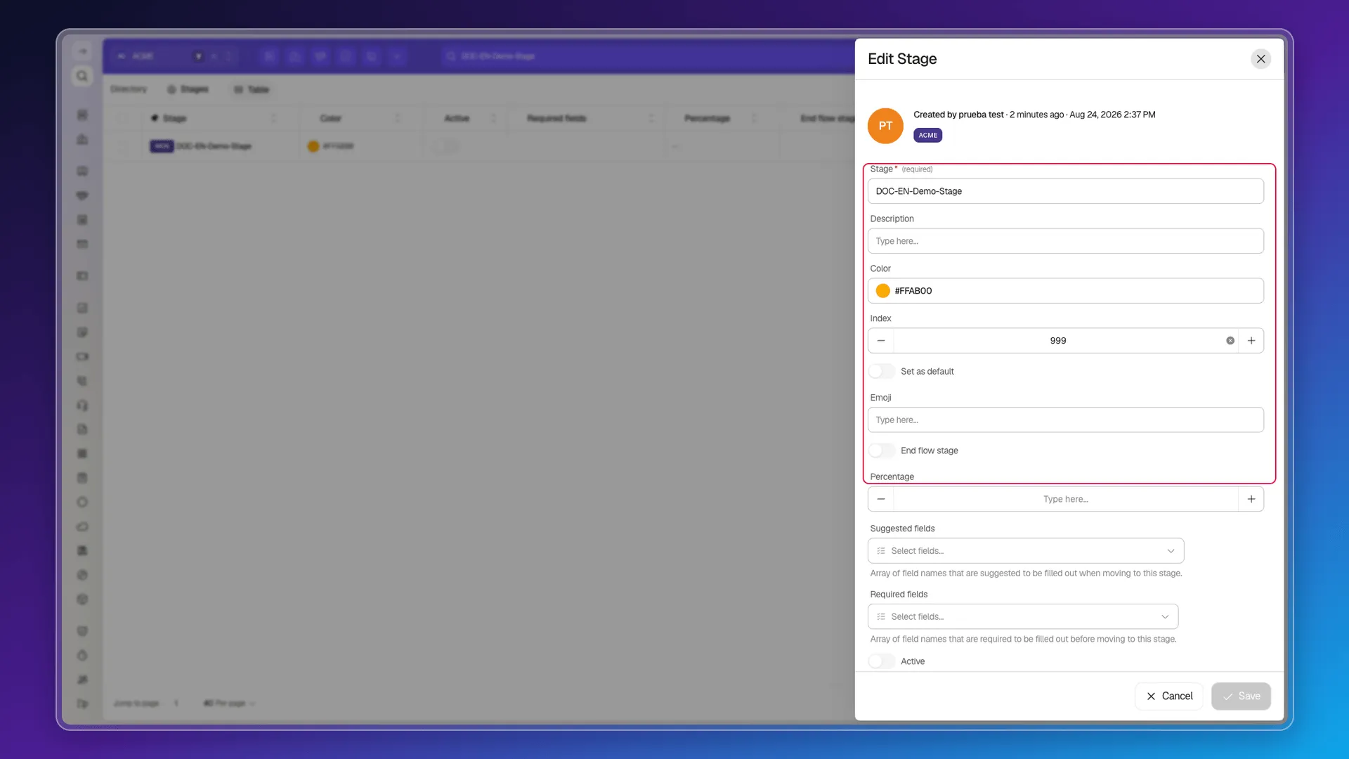 Edit Stage form with name, color, index, and end flow stage