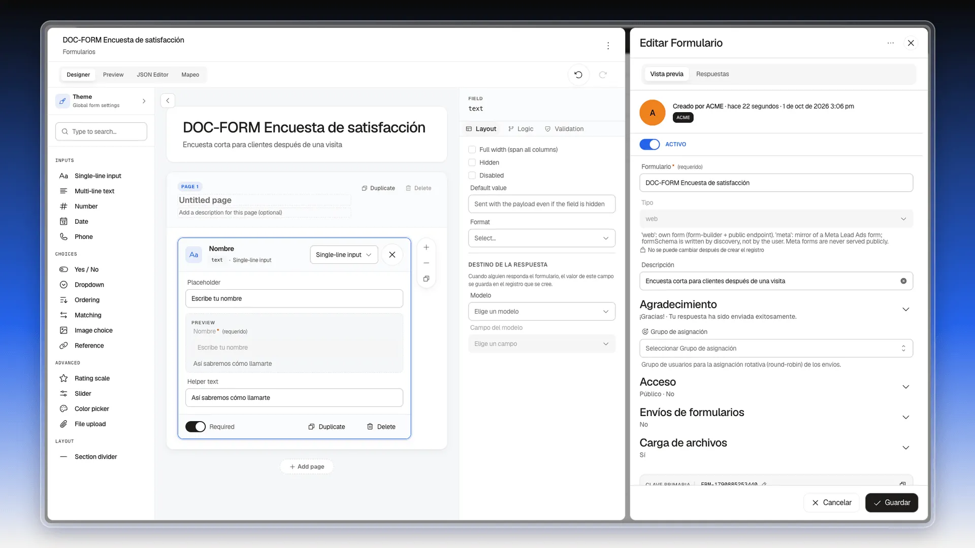 Campo Nombre con placeholder, texto de ayuda y la vista previa actualizada