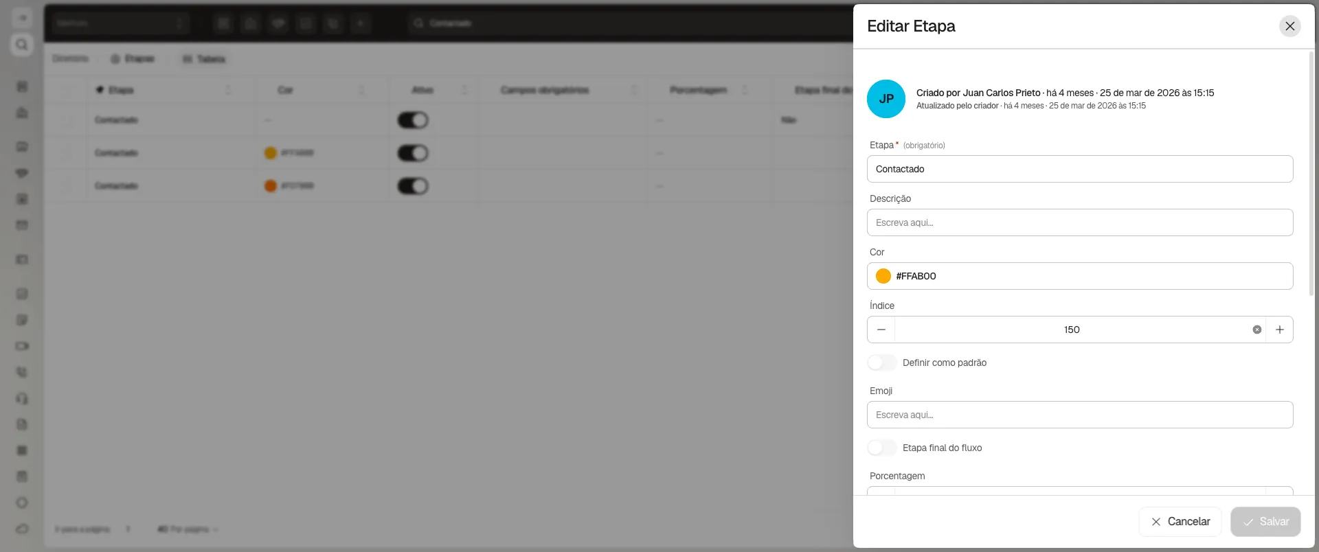 Formulário Editar Etapa com nome, cor, índice e etapa final do fluxo