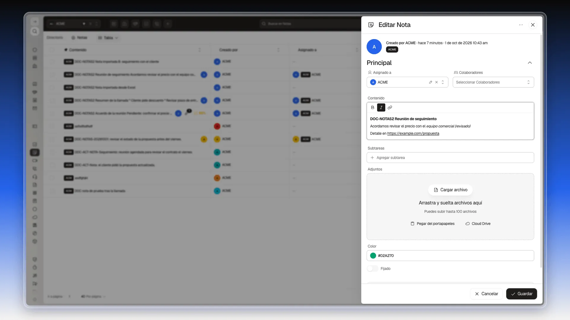 Panel Editar Nota con el texto cambiado y el botón Guardar activo
