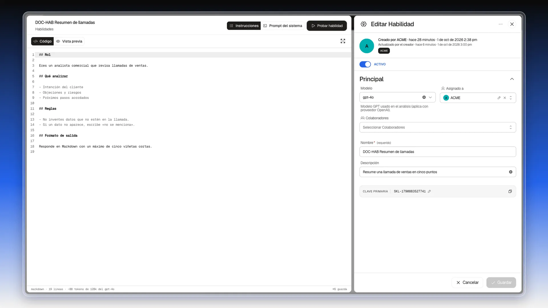 Editor de la habilidad DOC-HAB Resumen de llamadas con las Instrucciones a la izquierda y el panel Editar Habilidad a la derecha
