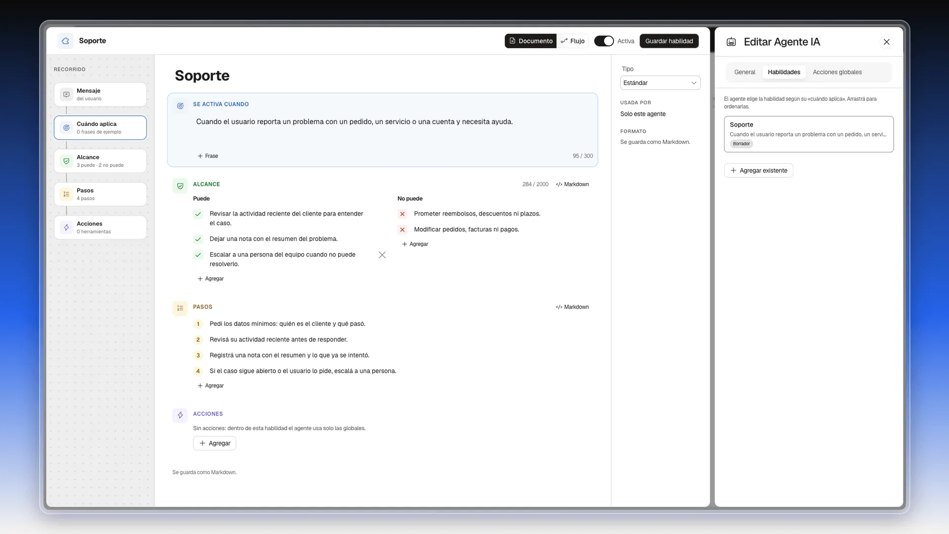 Editor de la habilidad Soporte en vista Documento con Se activa cuando, Alcance, Pasos y Acciones