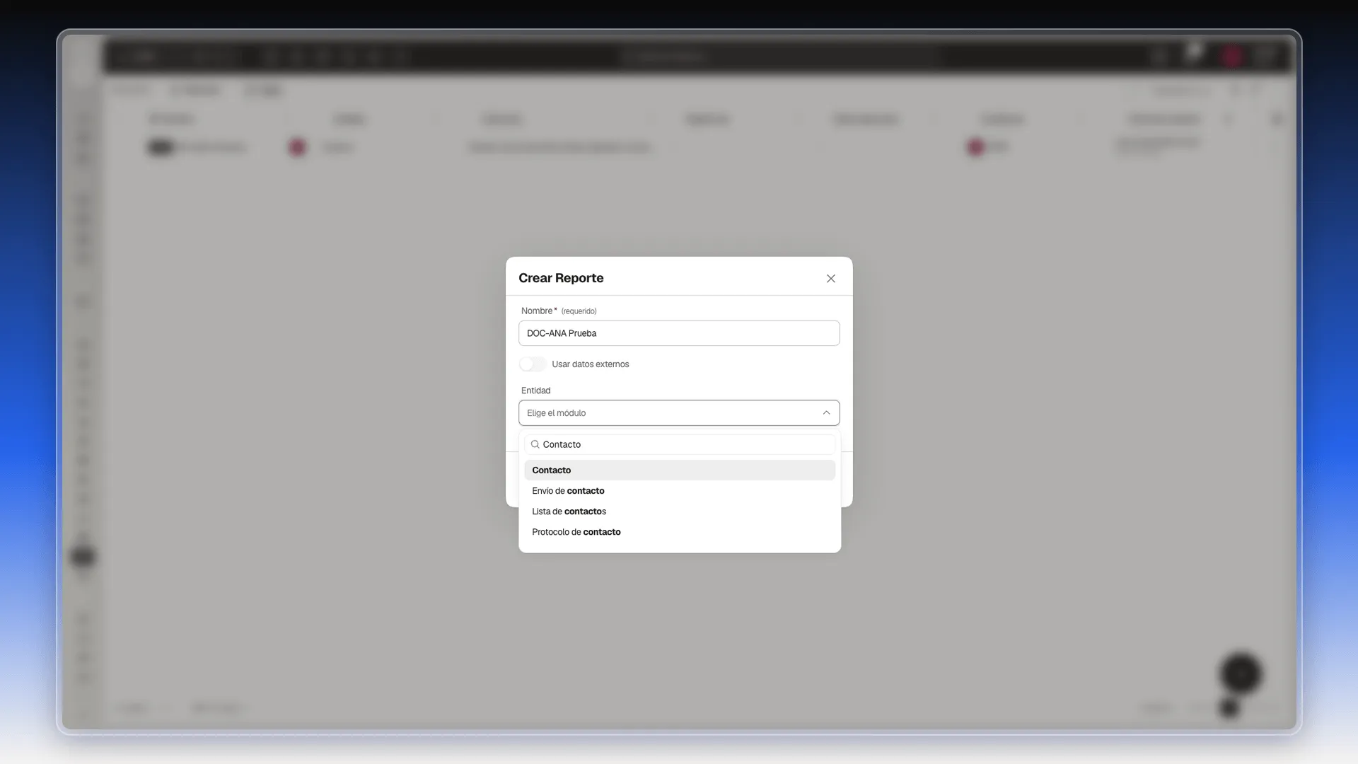 Selector Entidad abierto con la búsqueda Contacto y las opciones Contacto, Envío de contacto, Lista de contactos y Protocolo de contacto