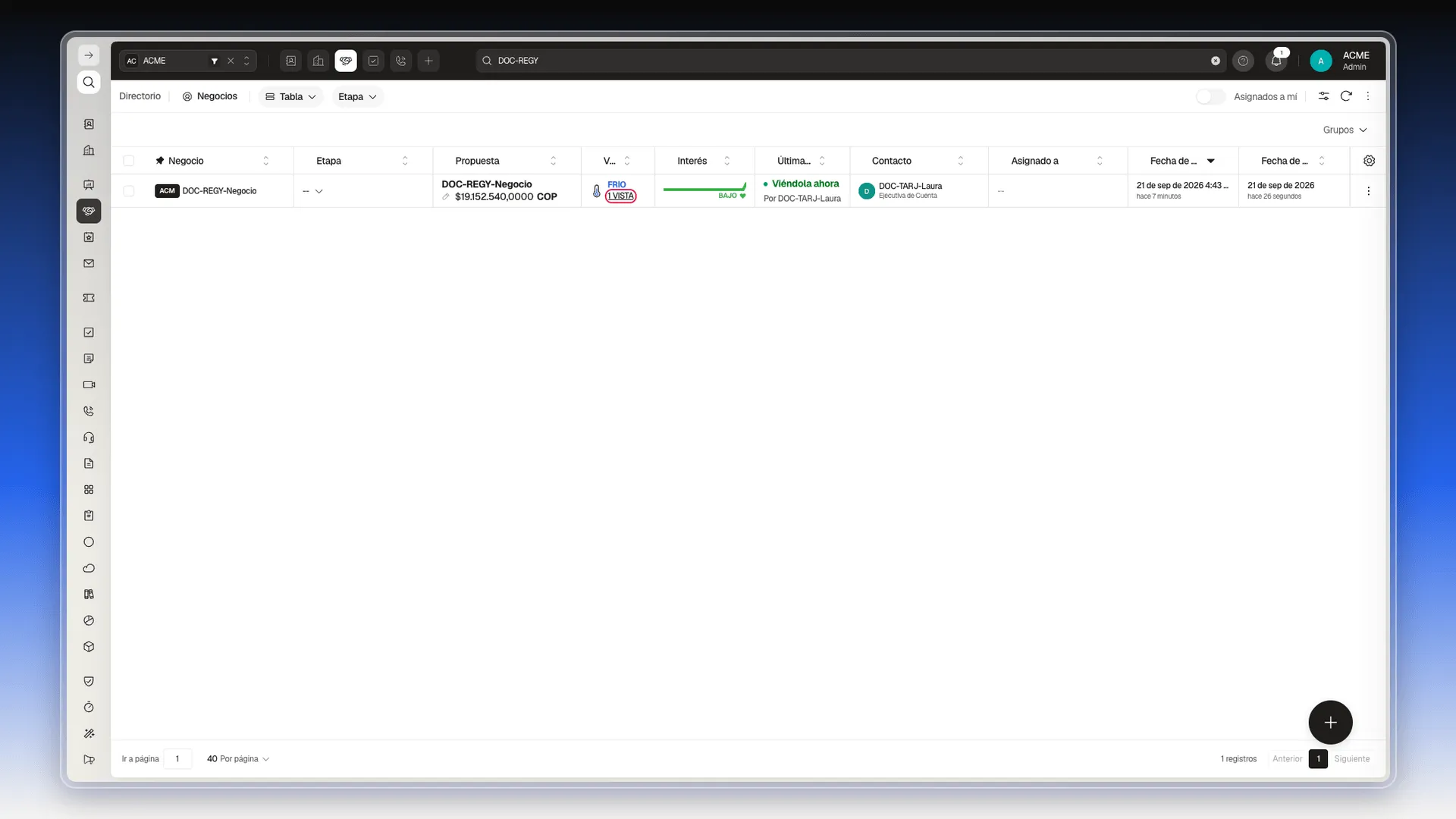 Lista de Negocios filtrada a un negocio de prueba con el enlace 1 vista resaltado en la columna Vistas